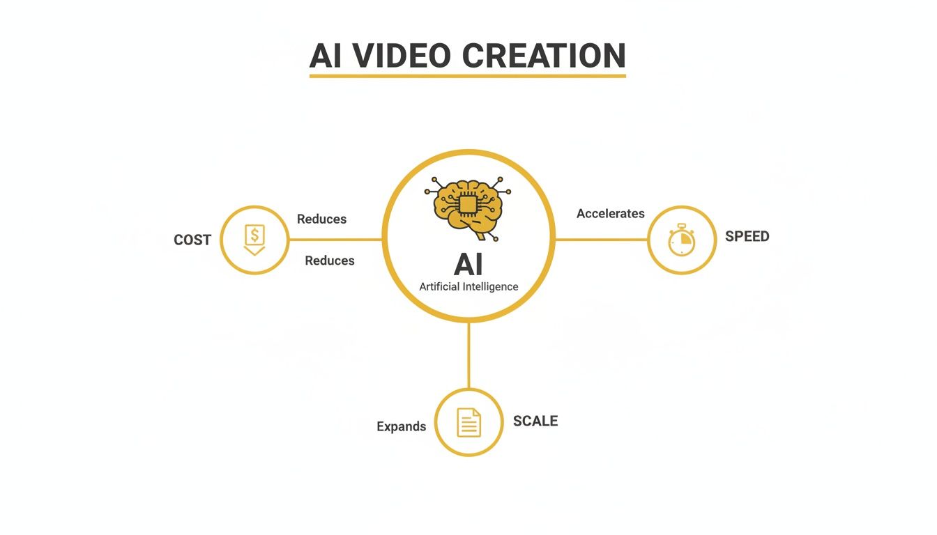 Diagram illustrating how AI for video creation reduces cost, accelerates speed, and expands scale.