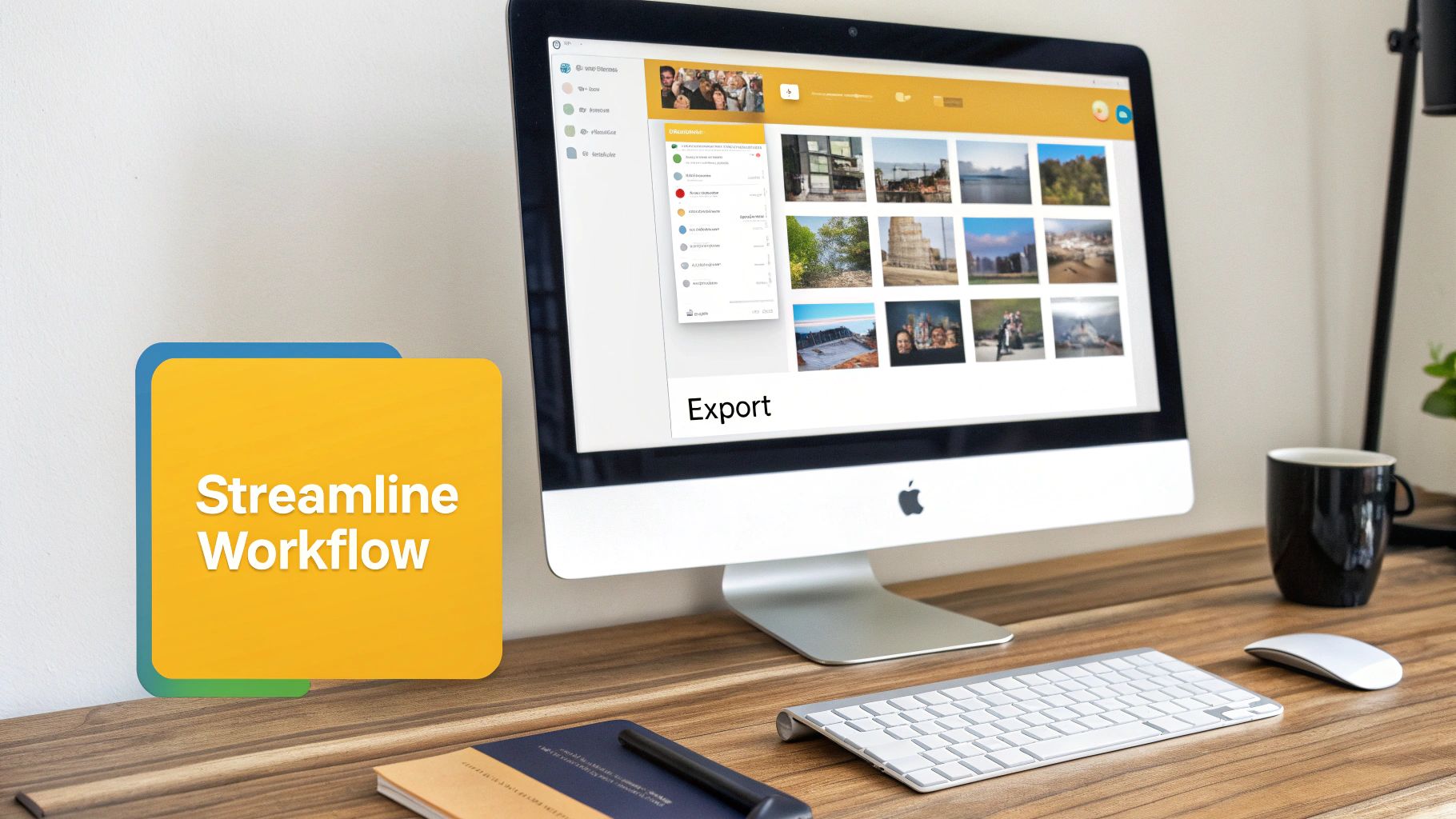 A modern workspace with an iMac displaying a photo management application and 'Streamline Workflow' text.