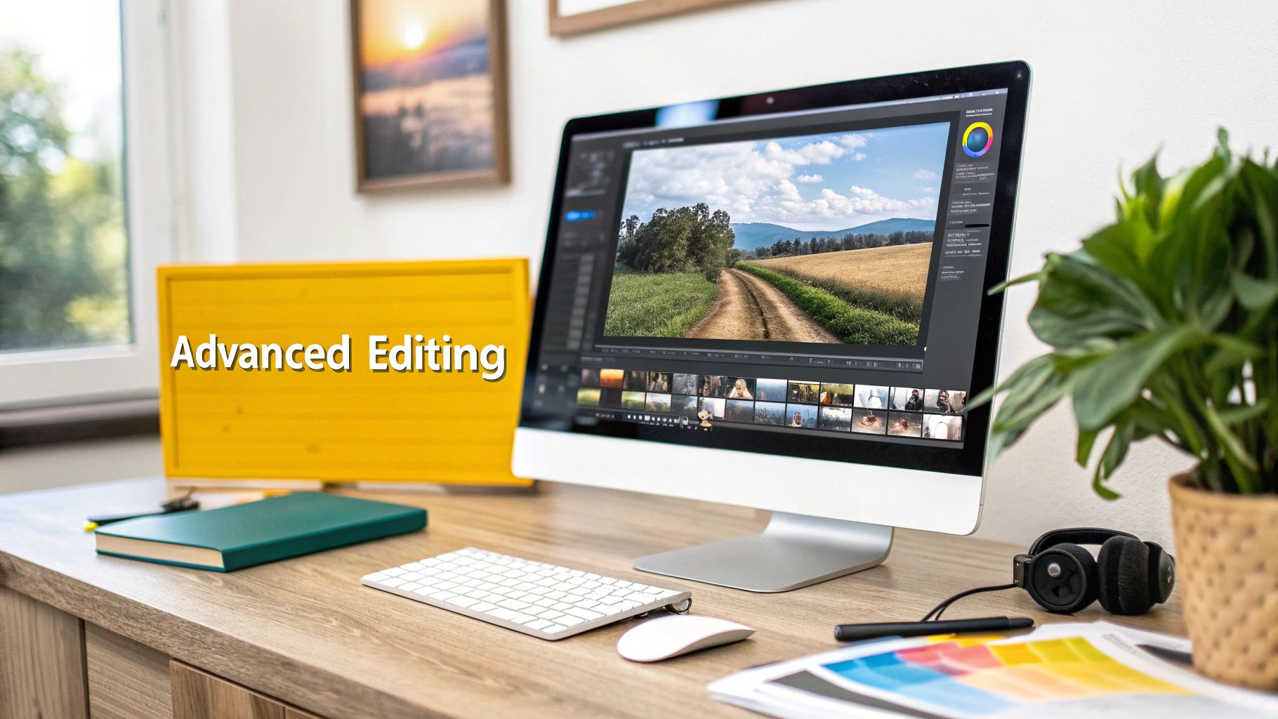 A professional workspace with a computer showing photo editing software, an advanced editing sign, and accessories.