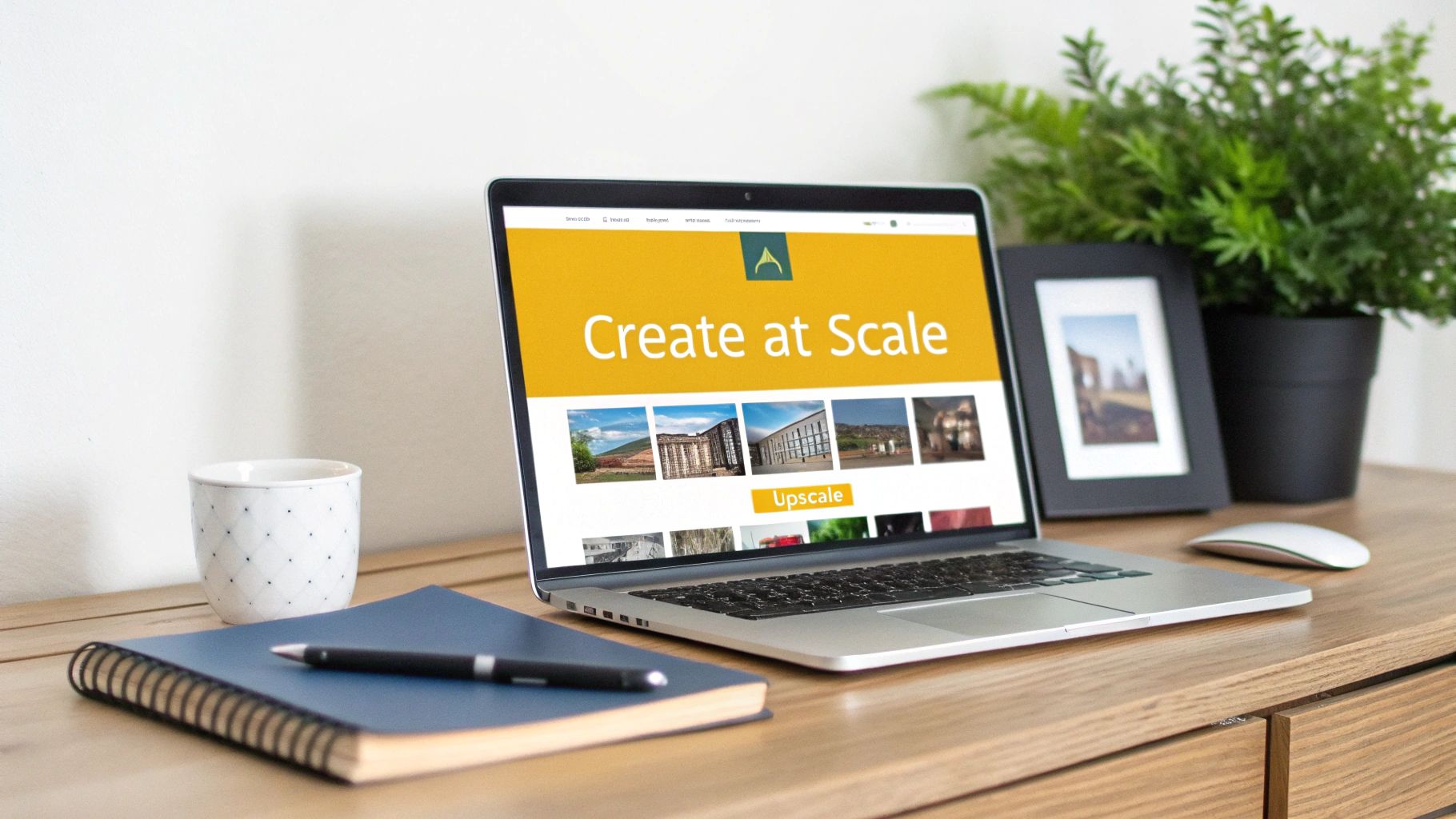 A laptop on a wooden desk displaying a website, surrounded by a notebook, mug, and green plant.