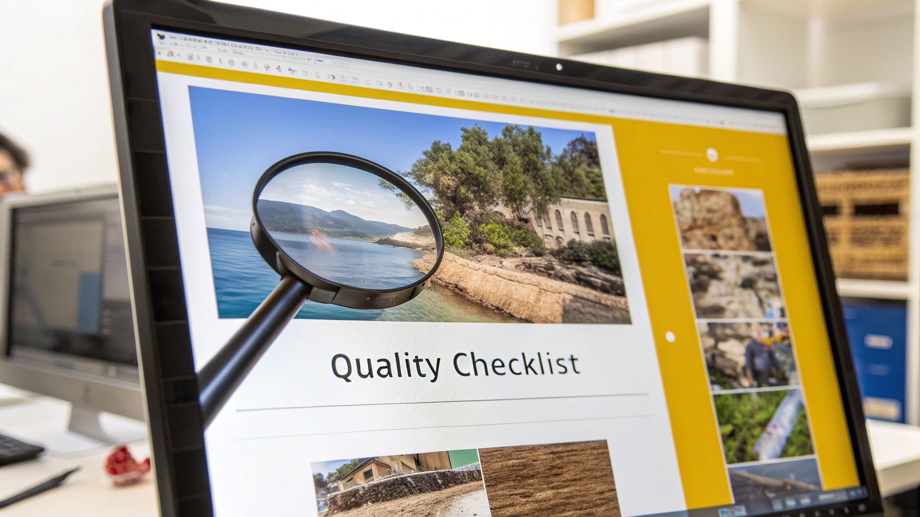 A magnifying glass on a computer monitor displaying a 'Quality Checklist' and coastal photos, indicating image review.