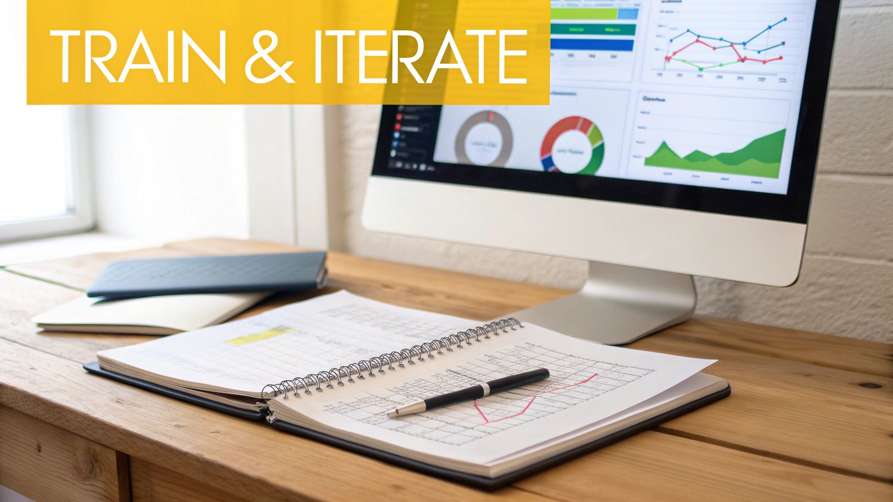 A desk with a computer displaying data charts, an open notebook with a pen, and the text "TRAIN & ITERATE".