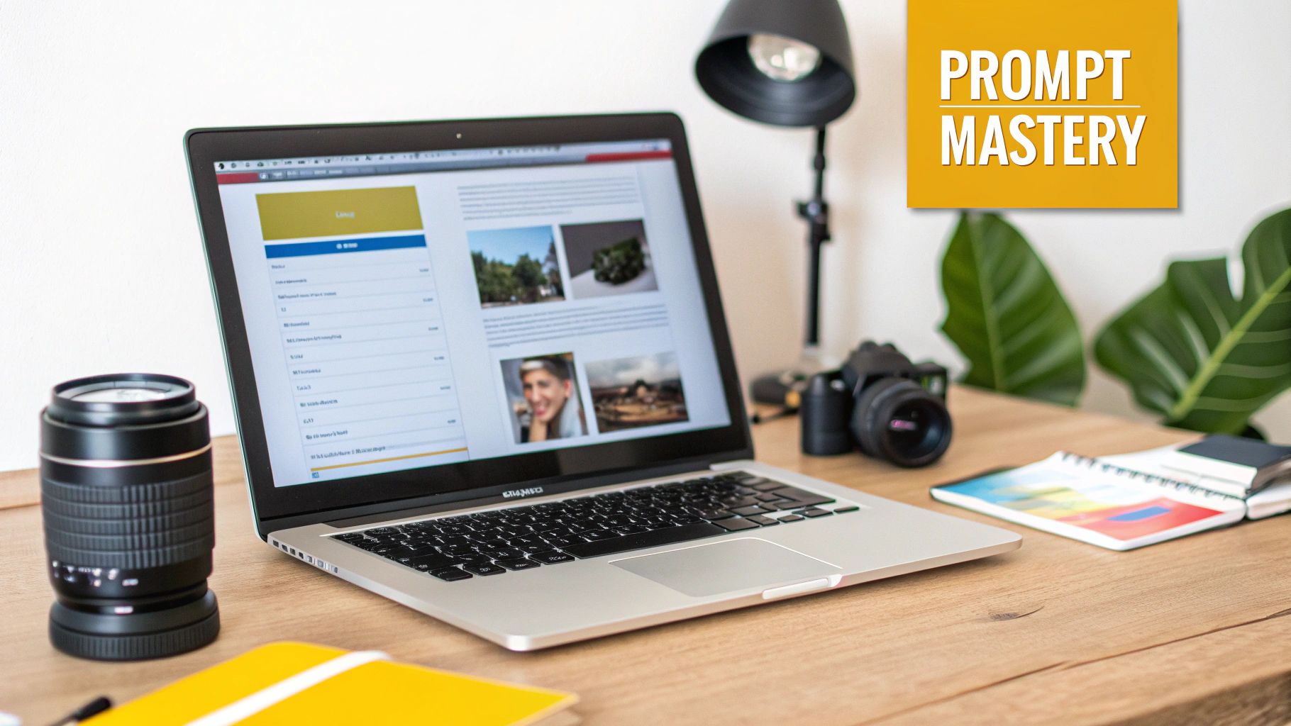 A laptop on a wooden desk with camera gear, notebooks, and a 'Prompt Mastery' sign.