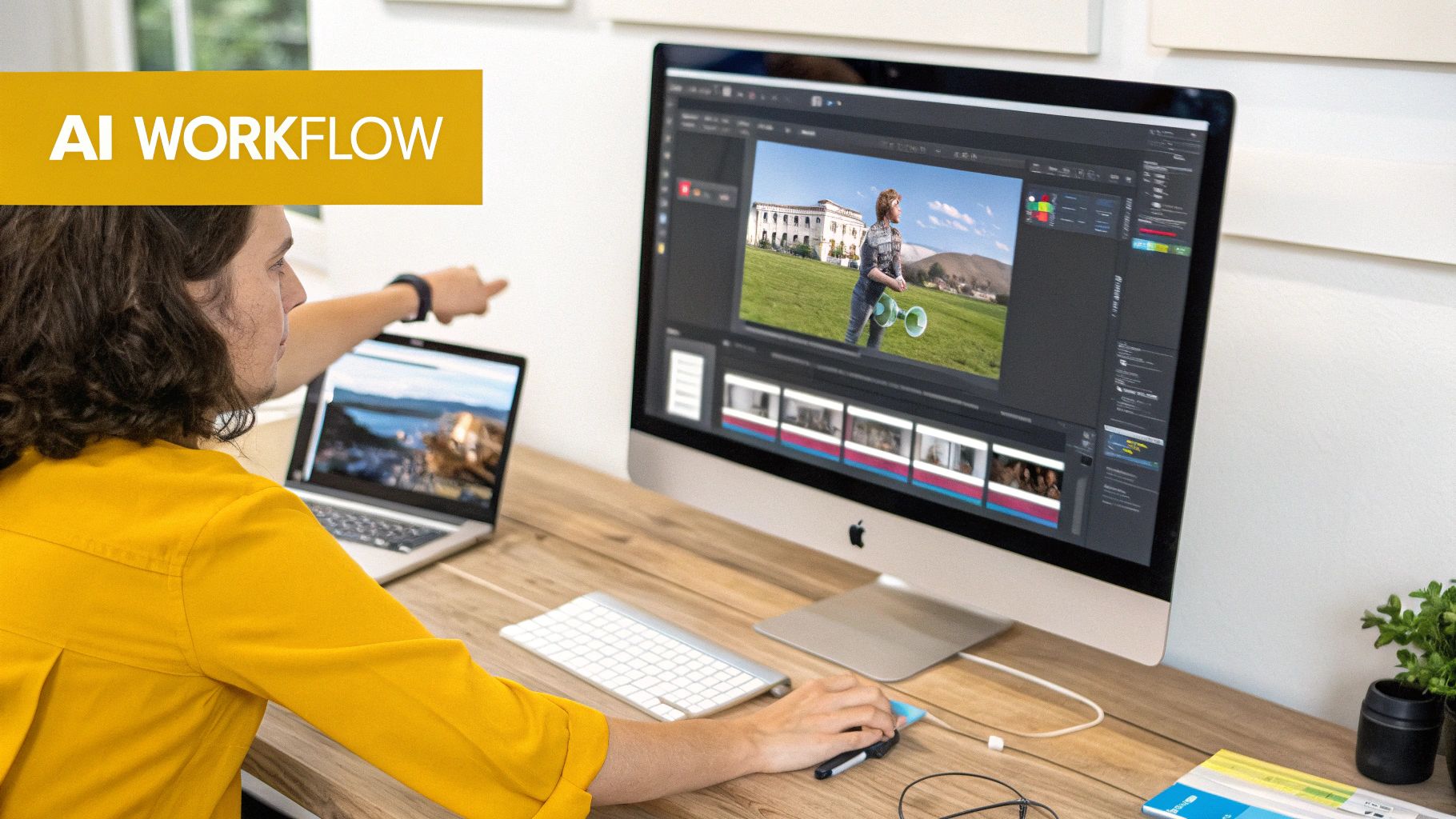 Man working on a computer setup, editing video with AI tools, pointing at a laptop screen.