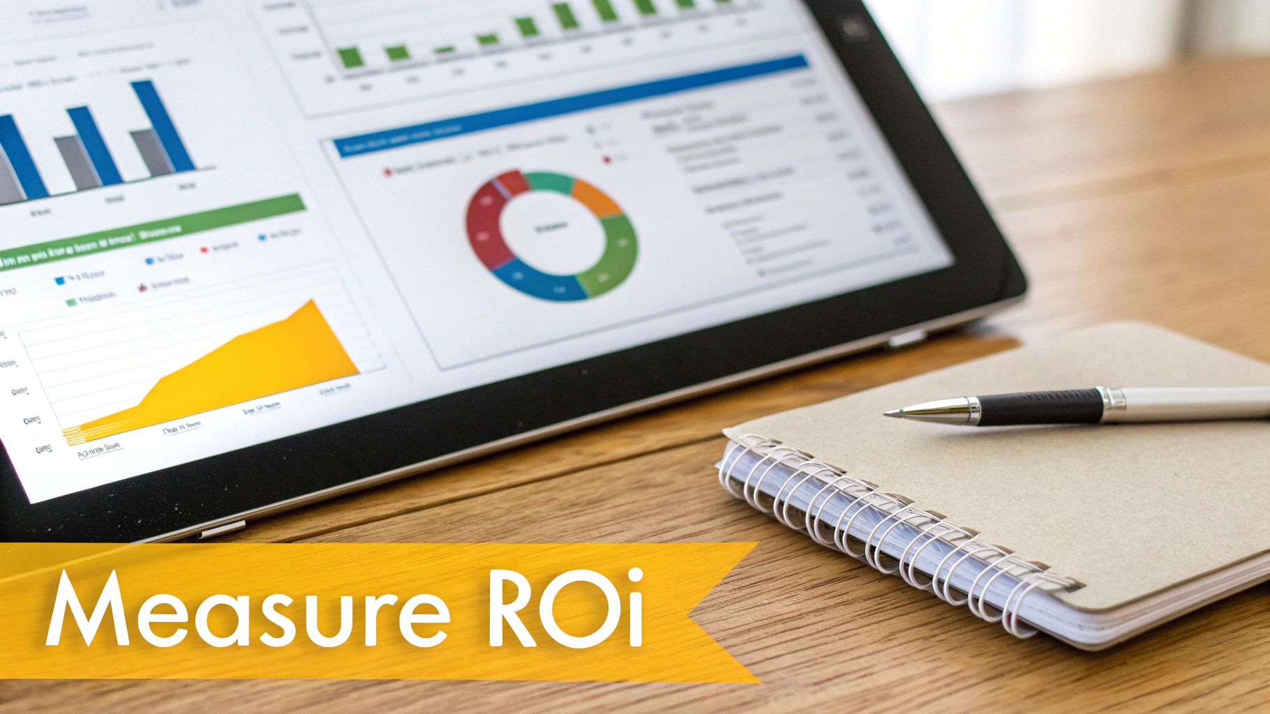 A tablet showing data dashboards and charts on a desk with a notebook, pen, and 'Measure ROI' banner.