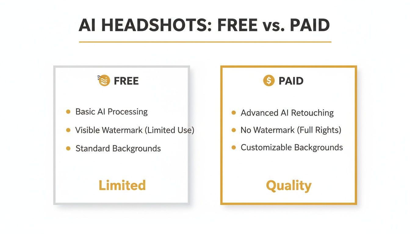 An infographic comparing free vs. paid AI headshot features, detailing processing, watermarks, and background options.