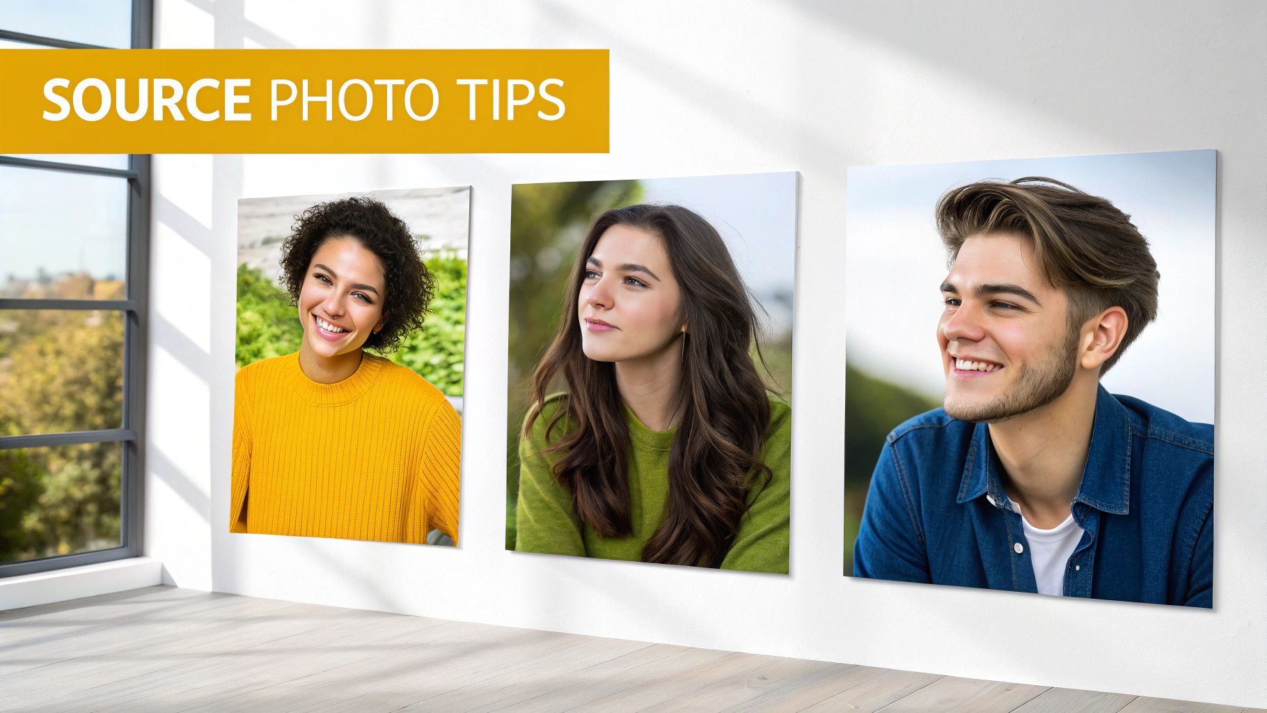 Three professional headshot examples, a woman with curly hair, a woman with long hair, and a man, illustrating source photo tips.
