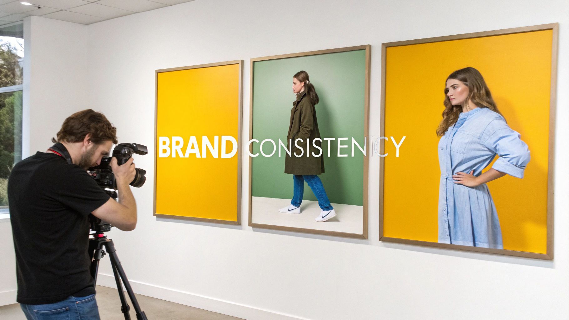 A man films a wall display showcasing 'BRAND CONSISTENCY' with two models on yellow and green backgrounds.
