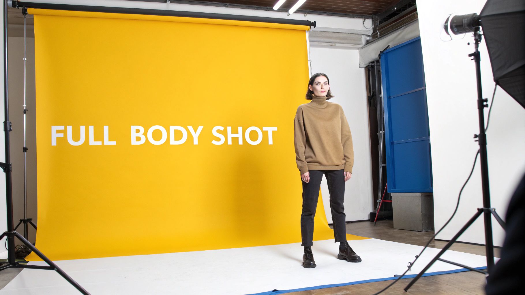 A woman stands posing in a professional photo studio against a bright yellow backdrop with text.