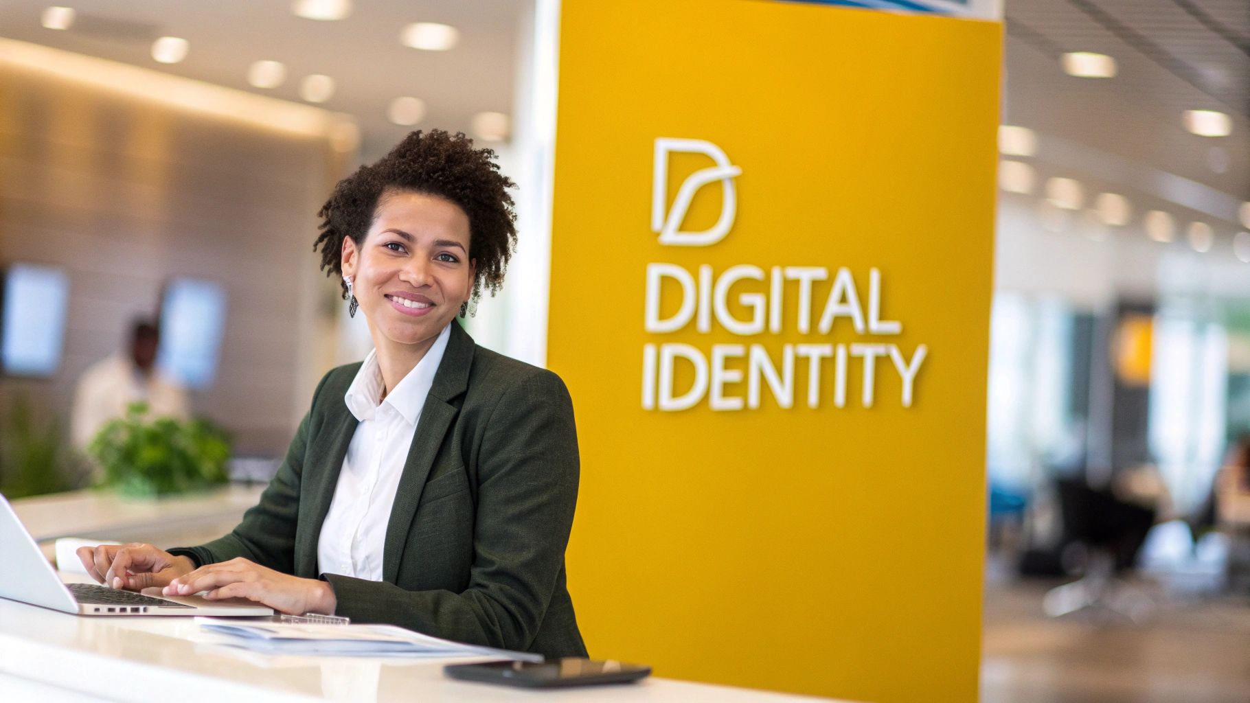 A smiling professional woman types on a laptop at a desk with a 'DIGITAL IDENTITY' sign behind her.
