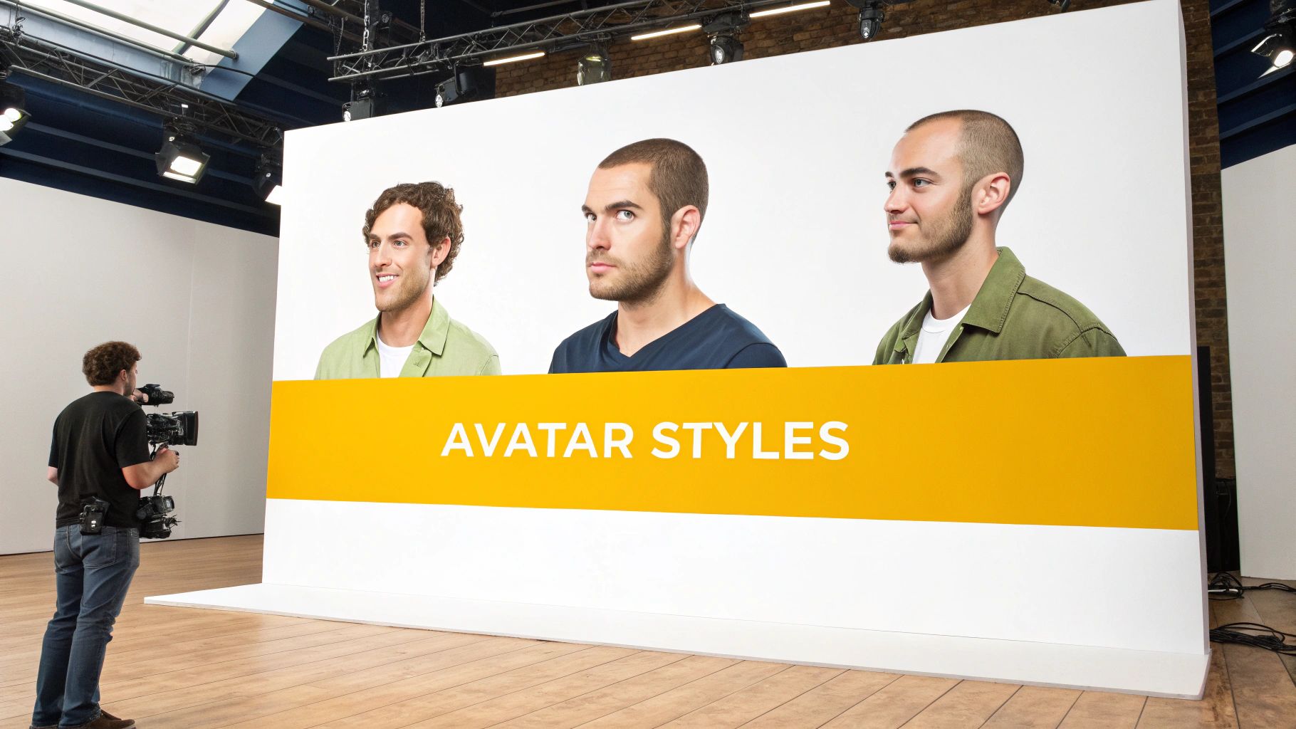 A cameraman films a large display showcasing three diverse male avatar styles above a yellow banner with 'AVATAR STYLES' text.