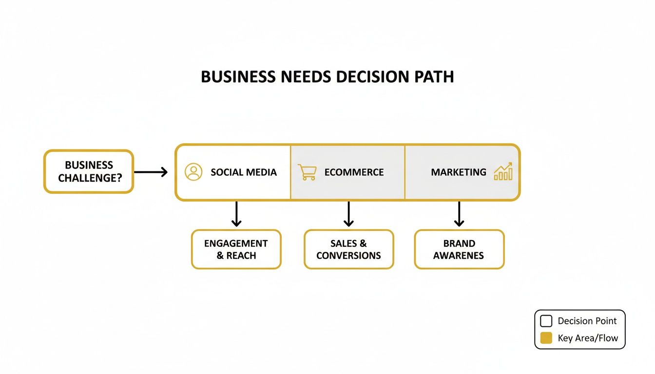 Flowchart illustrating a business needs decision path, covering social media, e-commerce, and marketing objectives.