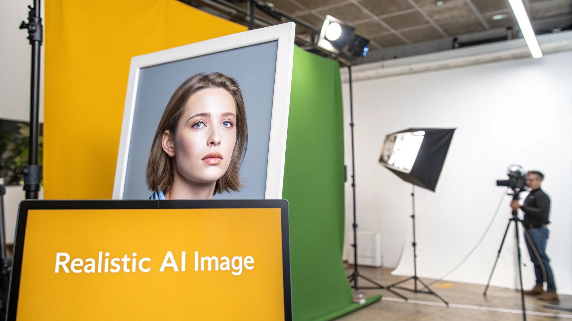 A realistic AI image of a woman's face displayed on a framed screen in a studio with a laptop.