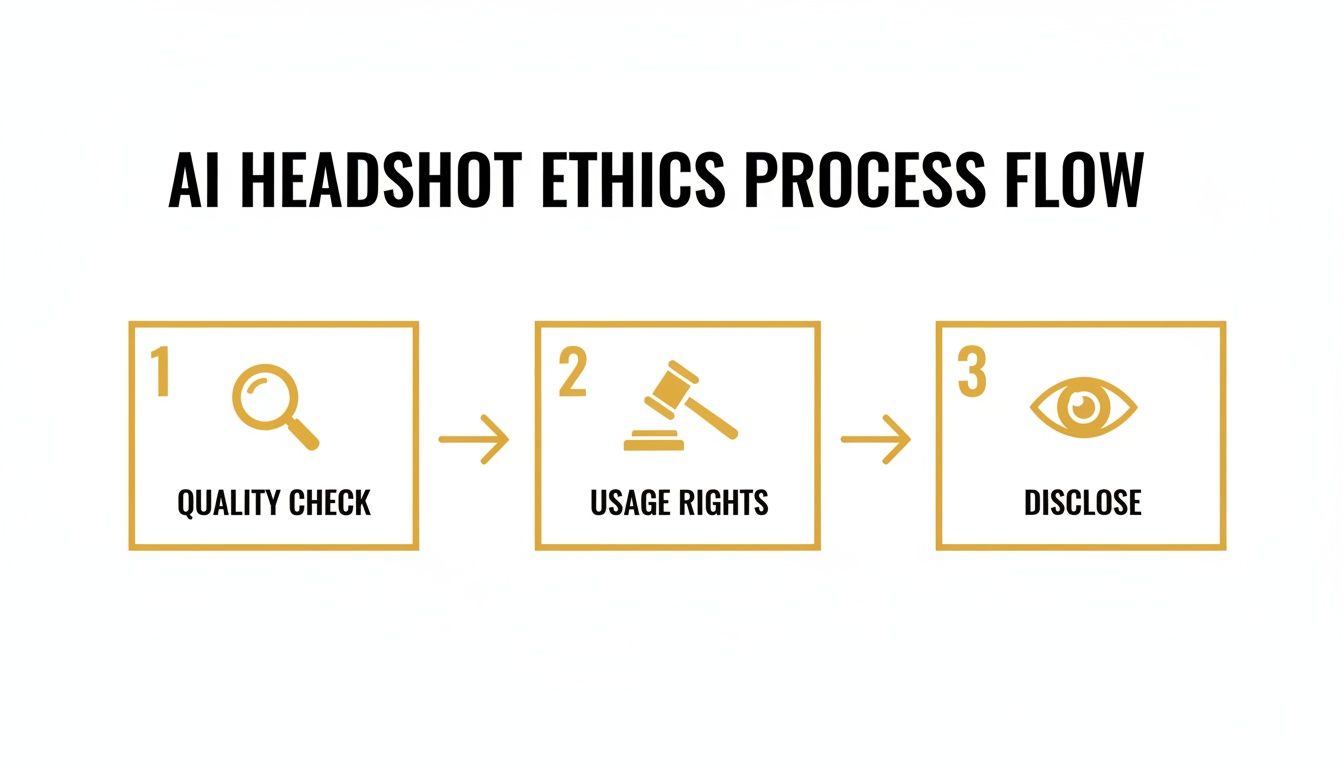 An infographic showing the AI Headshot Ethics Process Flow with three steps: Quality Check, Usage Rights, and Disclose.
