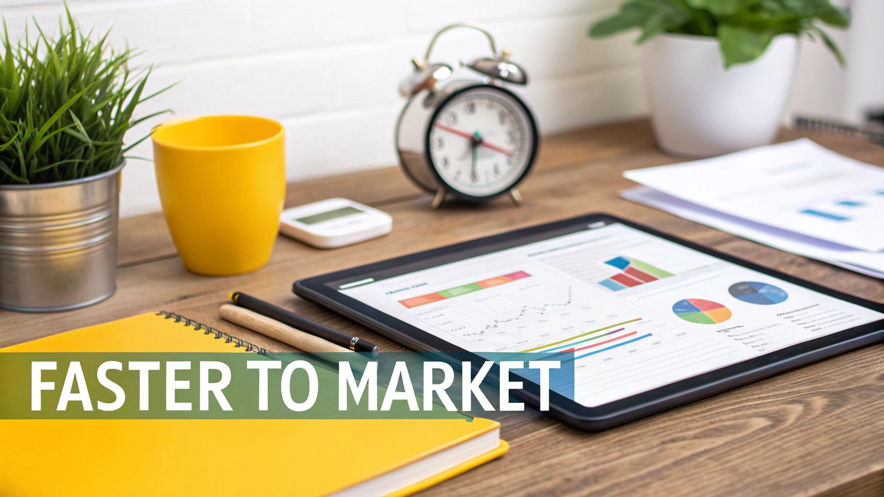 A modern desk with a tablet displaying business analytics, an alarm clock, and text 'FASTER TO MARKET'.