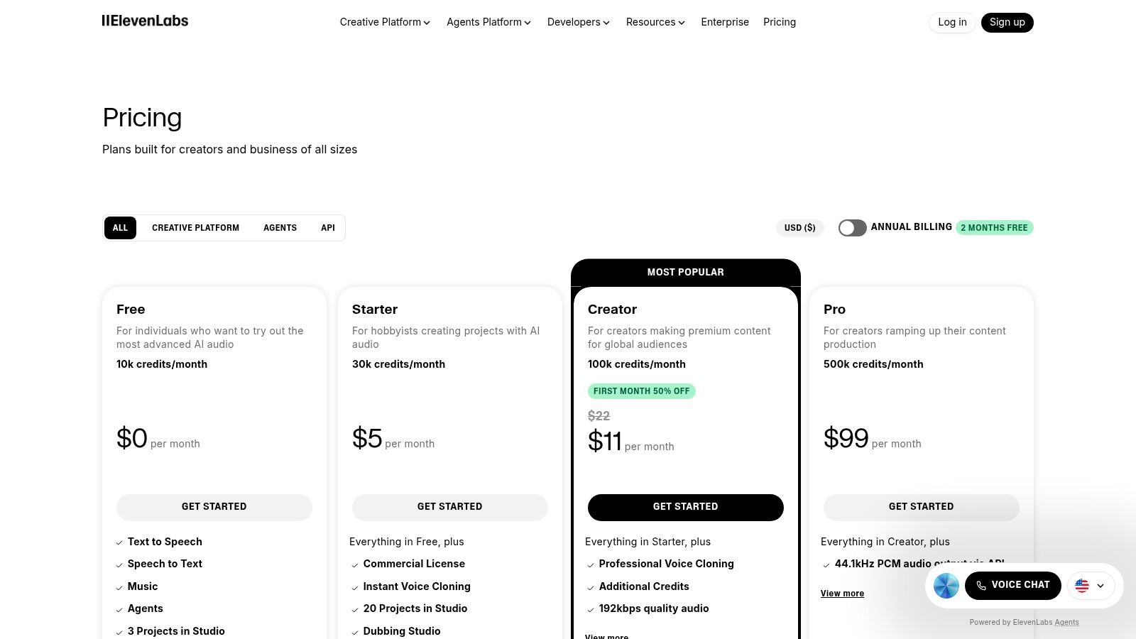 ElevenLabs pricing and feature tiers for different user needs.
