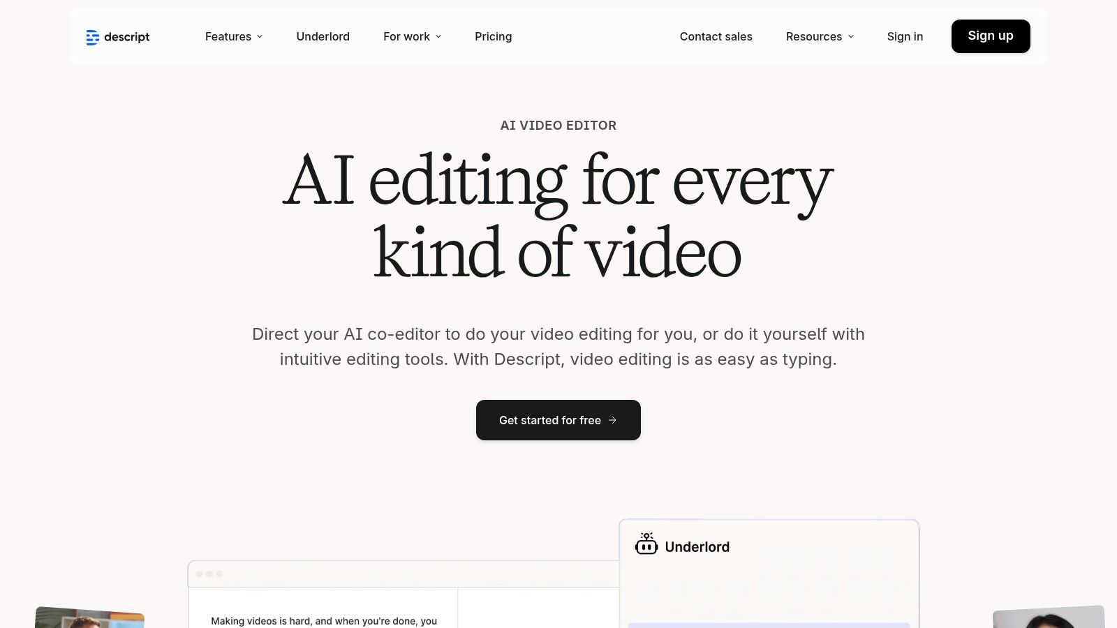 Descript's text-based video editing interface, showing a transcribed script linked to the video timeline.