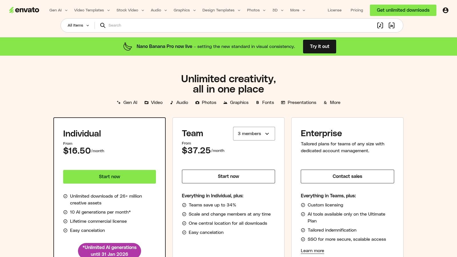 Envato Elements pricing plans for Individuals and Teams