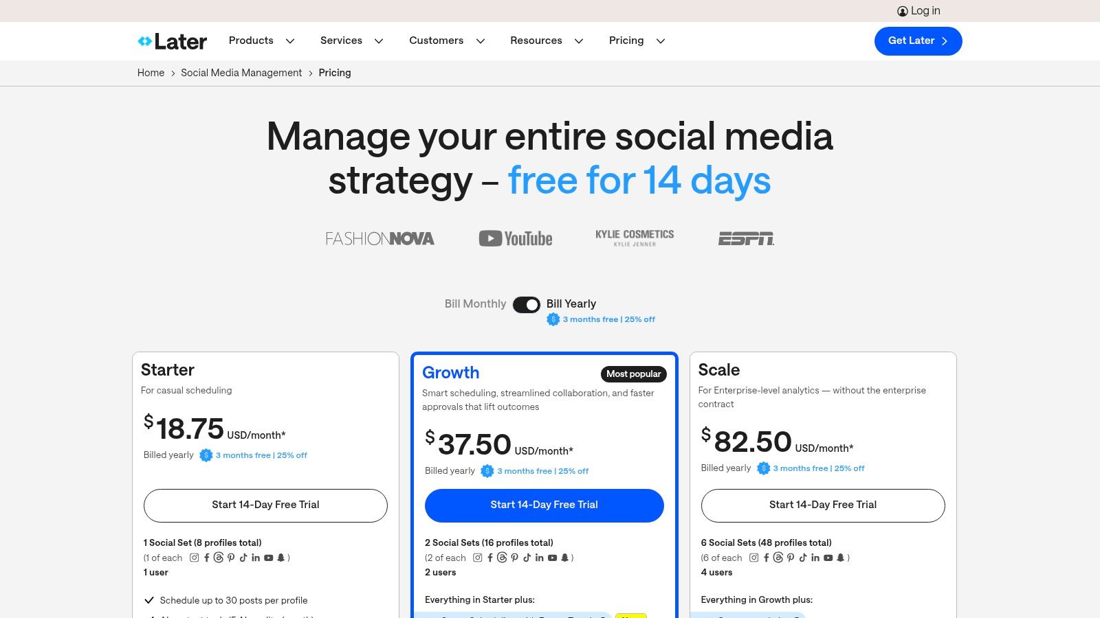 Later pricing plans showing Starter, Growth, and Advanced tiers