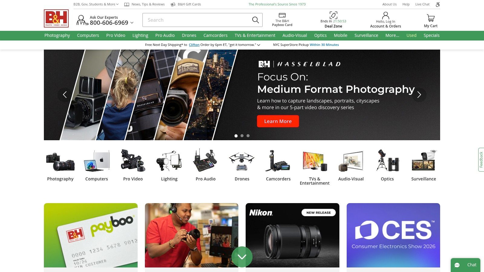 B&H Photo Video homepage showing various creator gear