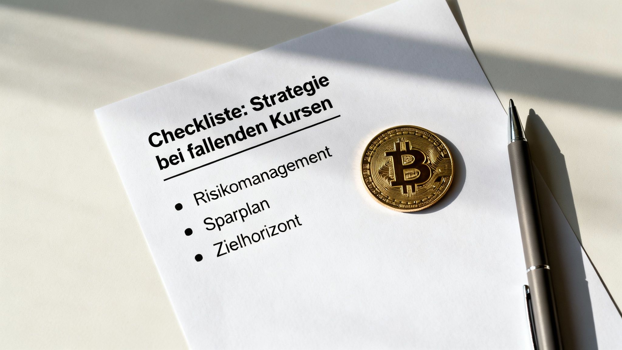 Checkliste mit Strategien für fallende Bitcoin-Kurse, inklusive Risikomanagement und Sparplan, neben einem Bitcoin und Stift.