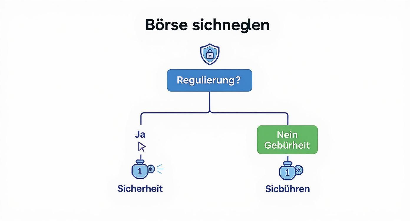 Flussdiagramm zur Börsenregulierung, das Sicherheit bei Regulierung und Gebühren ohne Regulierung aufzeigt.