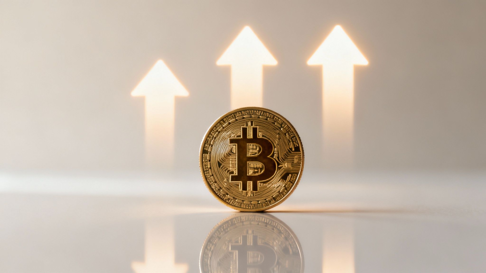 Goldene Bitcoin-Münze mit drei leuchtenden Pfeilen, die steigende Kryptowährungspreise symbolisieren.