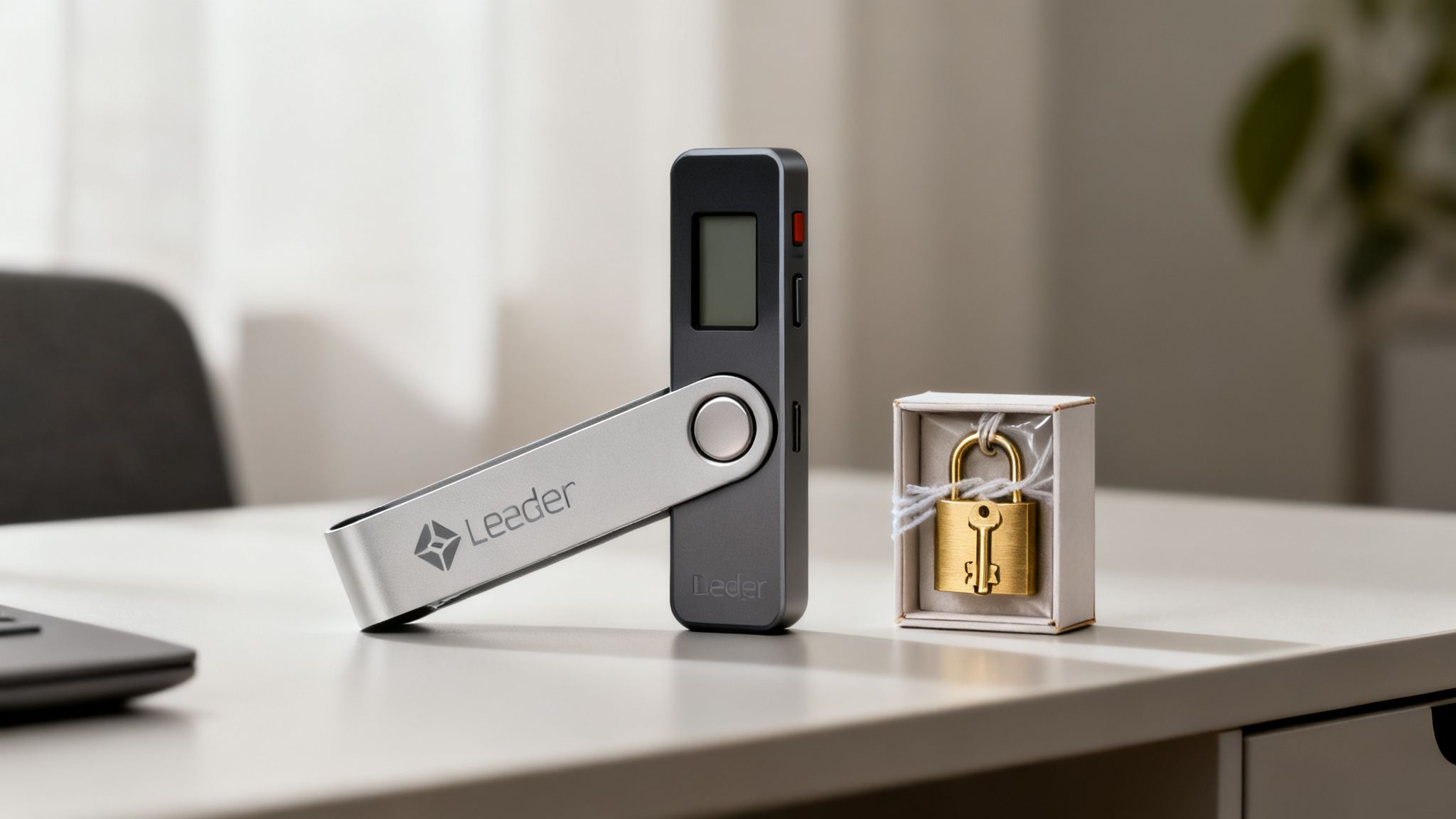 Ledger Hardware-Wallet und ein kleines Geschenk mit Vorhängeschloss und Schlüssel auf einem Schreibtisch.