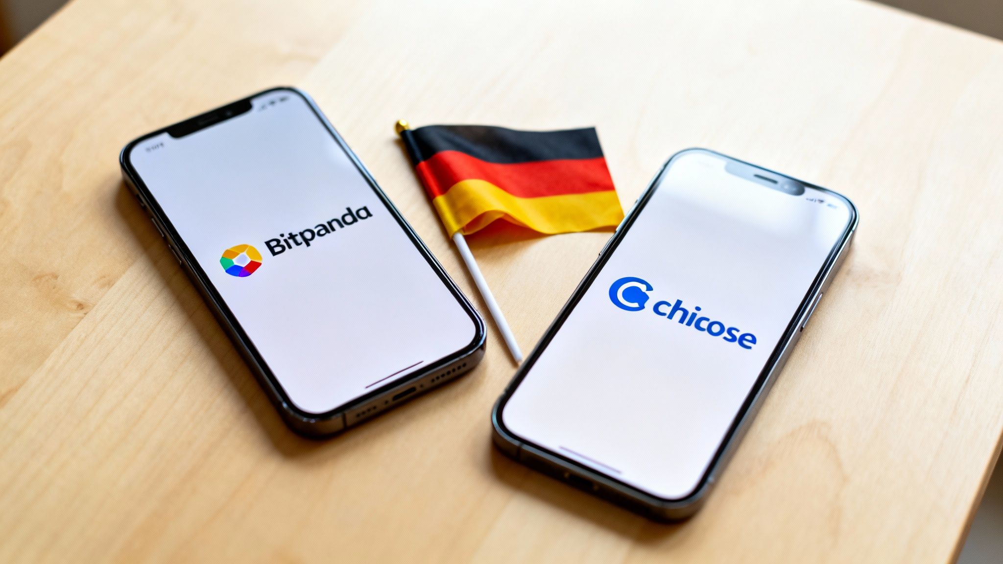 Zwei Smartphones zeigen die Logos von Bitpanda und Chicose, symbolisch verbunden mit einer Deutschlandflagge.