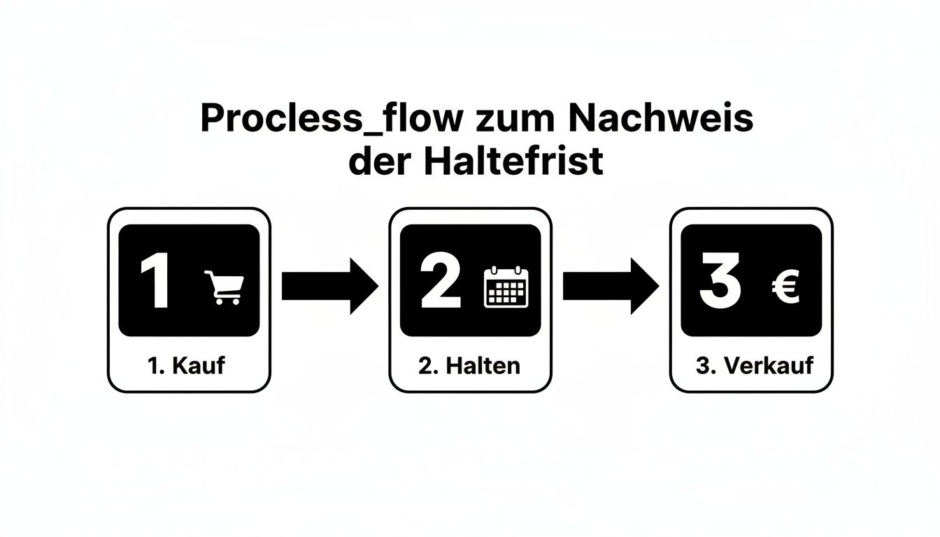 Ein Prozessflussdiagramm zeigt die drei Schritte zum Nachweis der Haltefrist: Kauf, Halten und Verkauf.