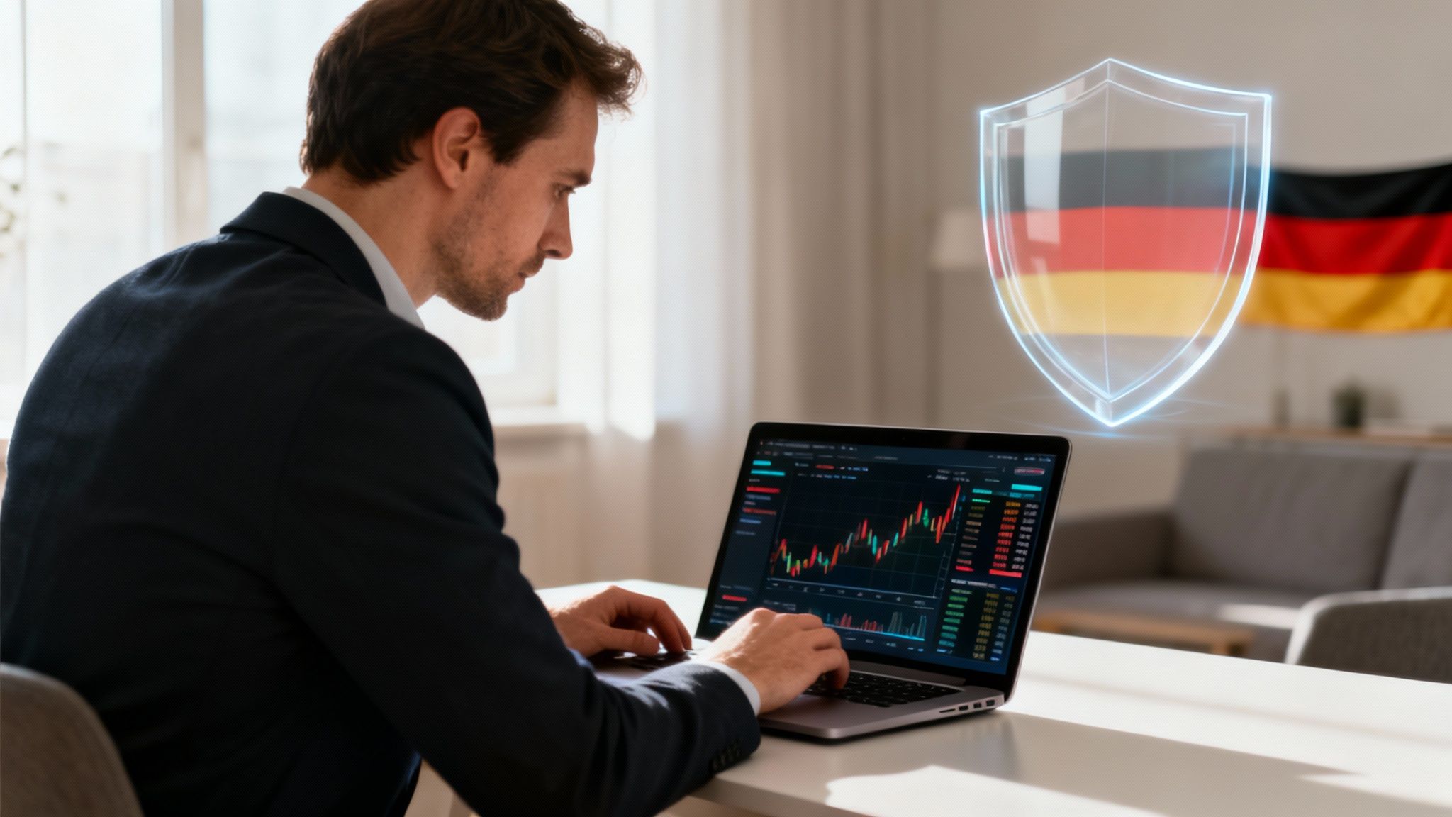 Mann im Anzug analysiert Finanzdaten auf Laptop, mit deutscher Flagge und Sicherheitsschild.