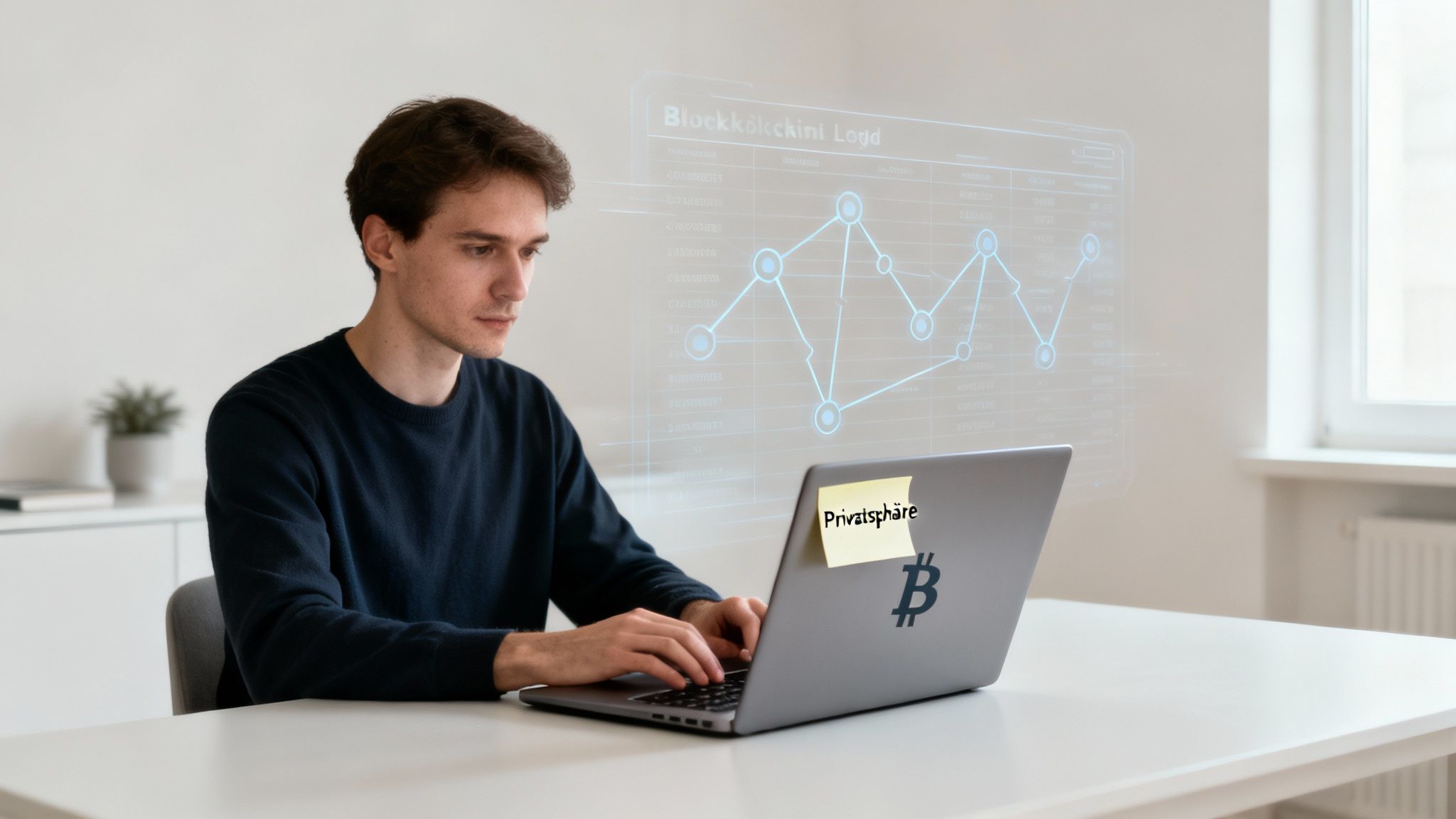 Junger Mann arbeitet an einem Laptop mit Bitcoin-Logo und Notiz 'Privatsphäre', im Hintergrund Blockchain-Daten.