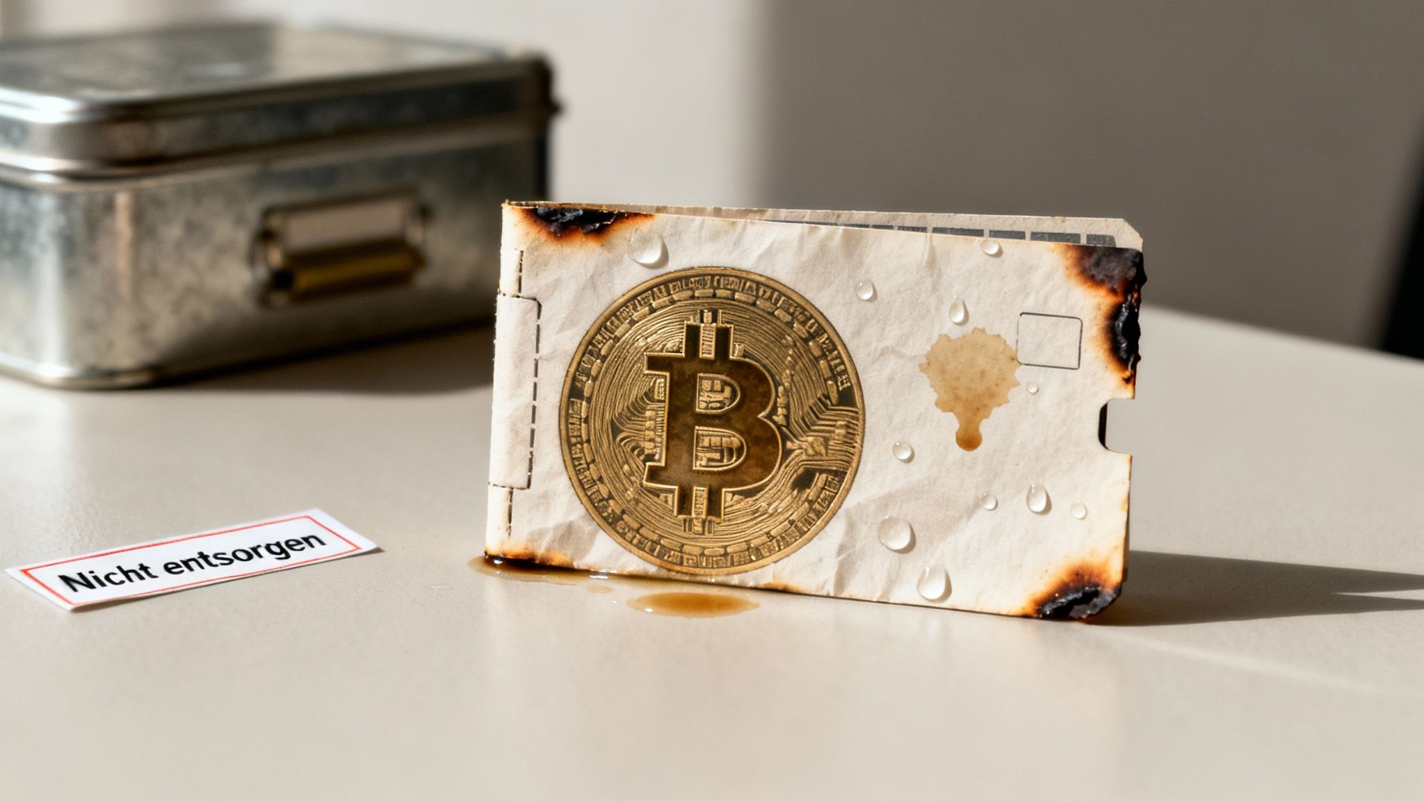 Eine verbrannte Bitcoin-Papier-Wallet mit Wassertropfen und einer Notiz 'Nicht entsorgen' auf einem Tisch.