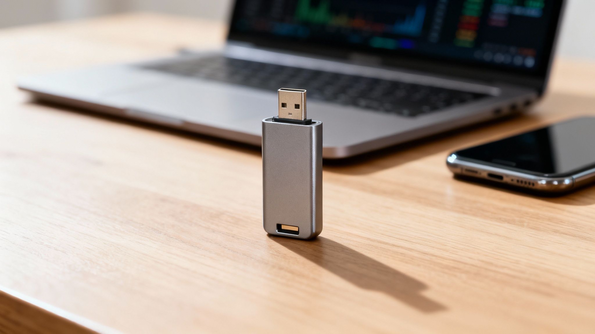 Hardware-Wallet auf Holztisch, mit verschwommenem Laptop und Smartphone im Hintergrund.