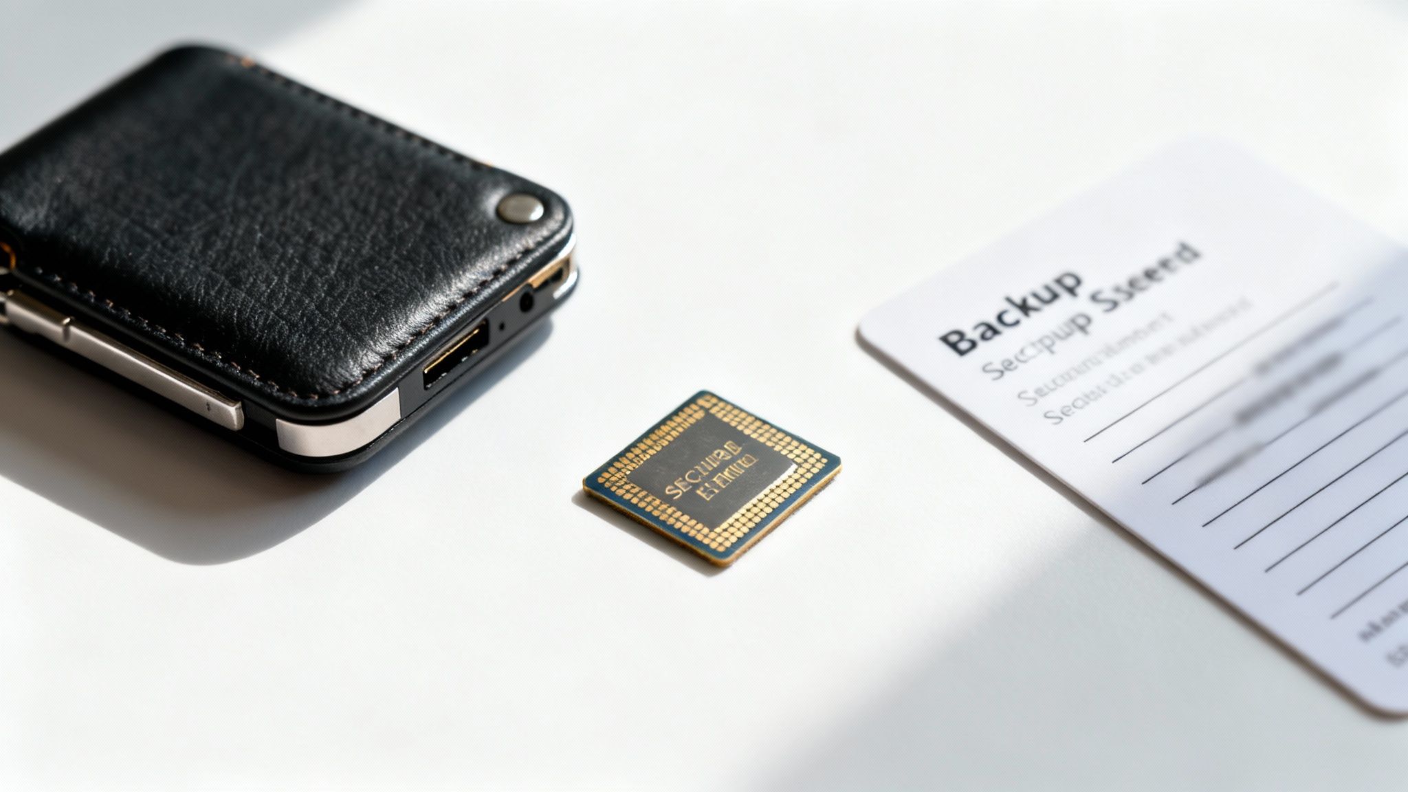 Nahaufnahme einer Hardware-Wallet, eines Sicherheitschips und einer Backup-Karte für sichere Kryptowährungs-Speicherung.