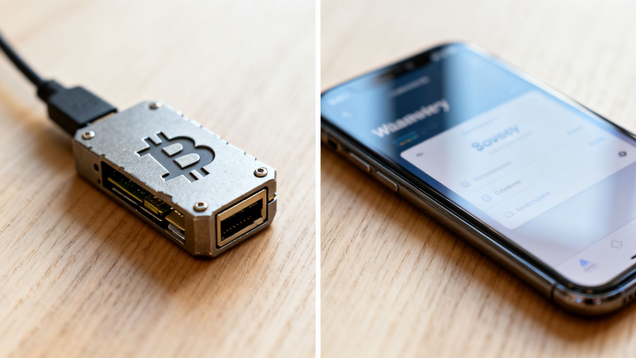Nahaufnahme einer Bitcoin Hardware-Wallet, die mit einem Kabel verbunden ist, und eines Smartphones mit Krypto-App.