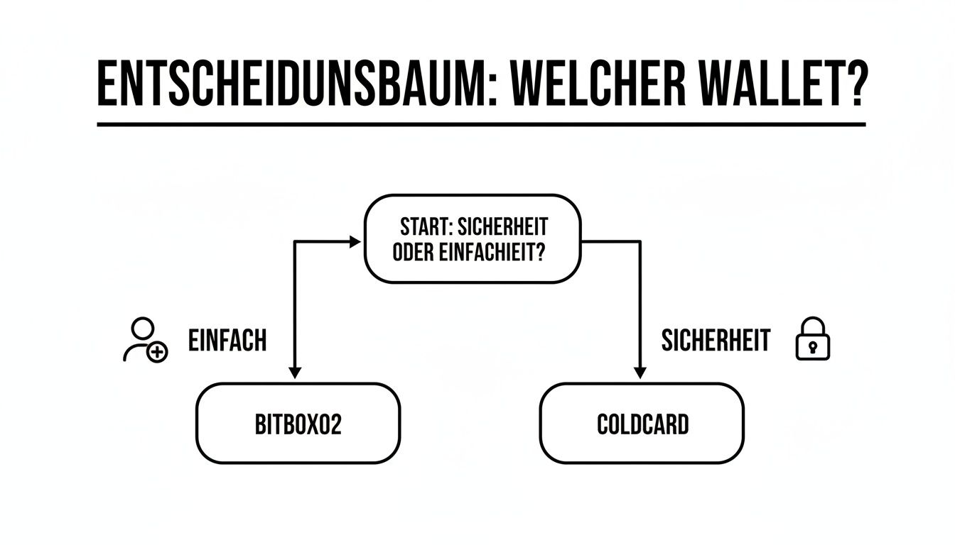 Ein Entscheidungsbaum zur Auswahl des passenden Hardware Wallets basierend auf Präferenz für Sicherheit oder Einfachheit.