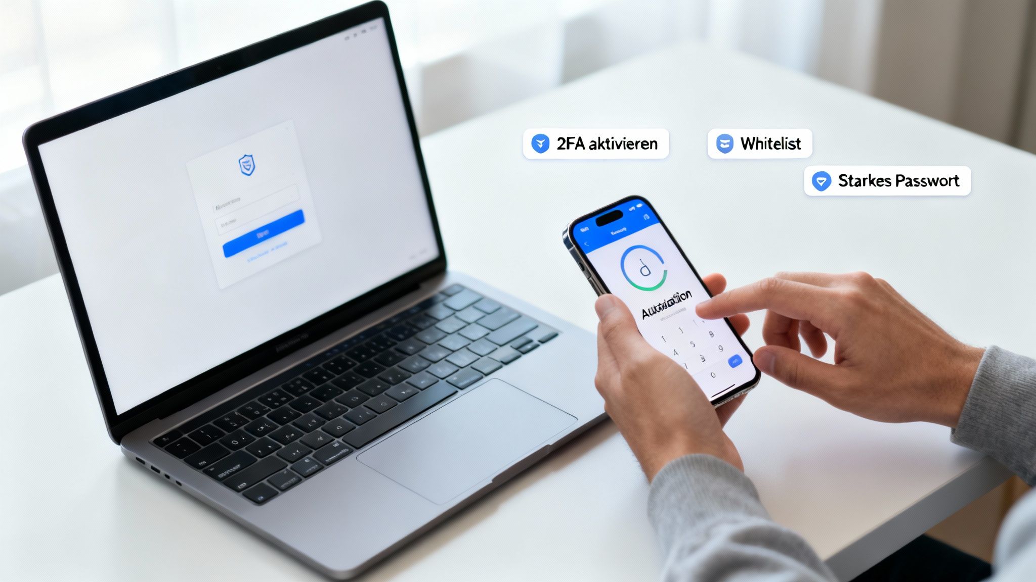 Person nutzt Laptop und Smartphone für Zwei-Faktor-Authentifizierung mit Sicherheitstipps wie starkes Passwort und Whitelist.