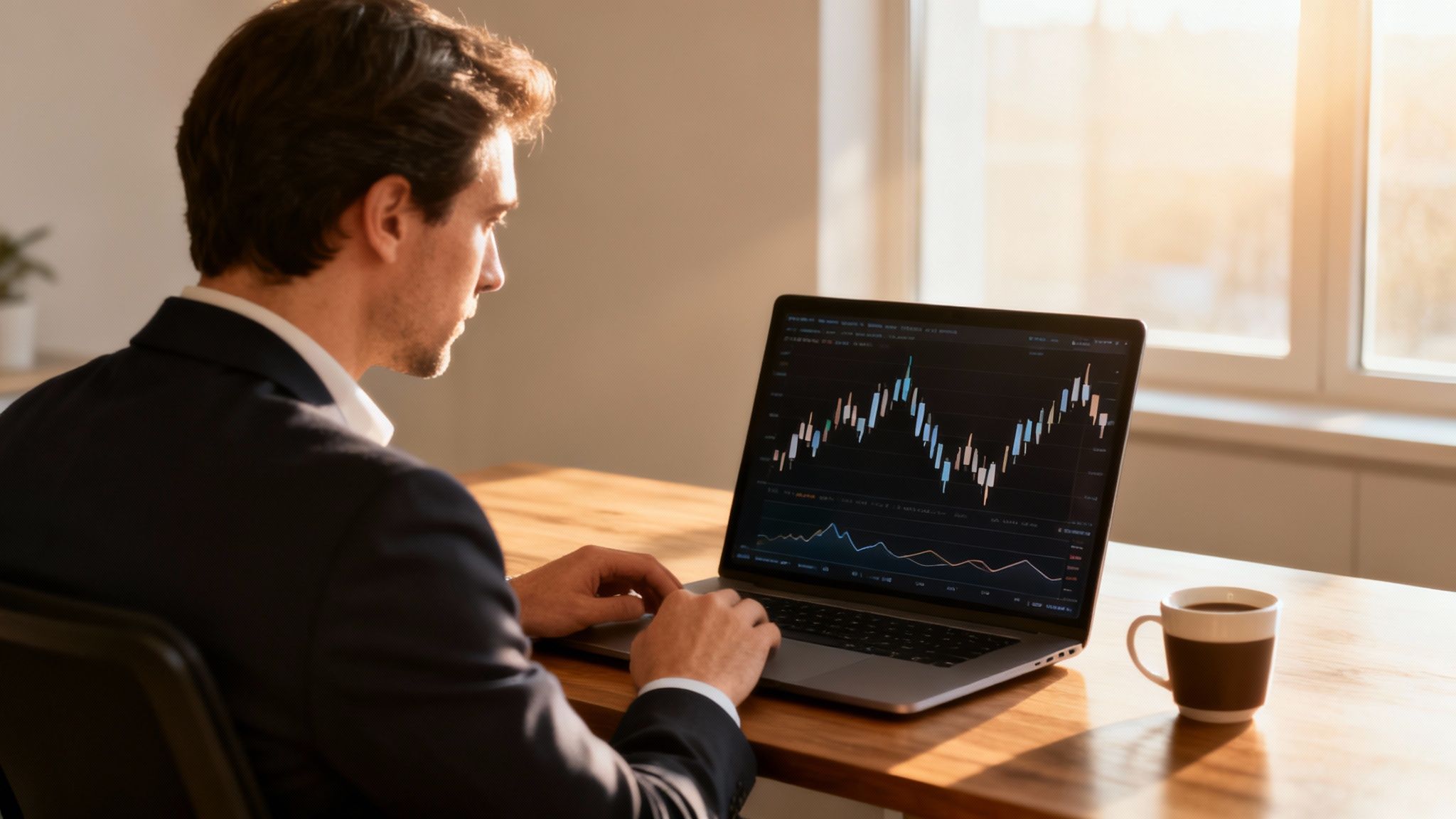 Geschäftsmann blickt konzentriert auf Finanzcharts und Kryptokurse auf seinem Laptop, am Schreibtisch sitzend.