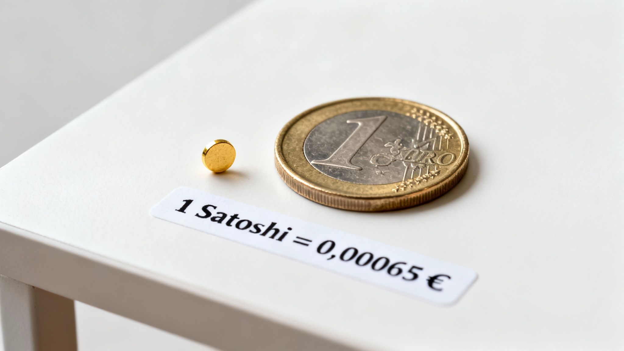 Eine kleine goldene Satoshi-Münze und eine 1-Euro-Münze auf weißem Tisch. Der Wert 1 Satoshi = 0,00065 € ist sichtbar.