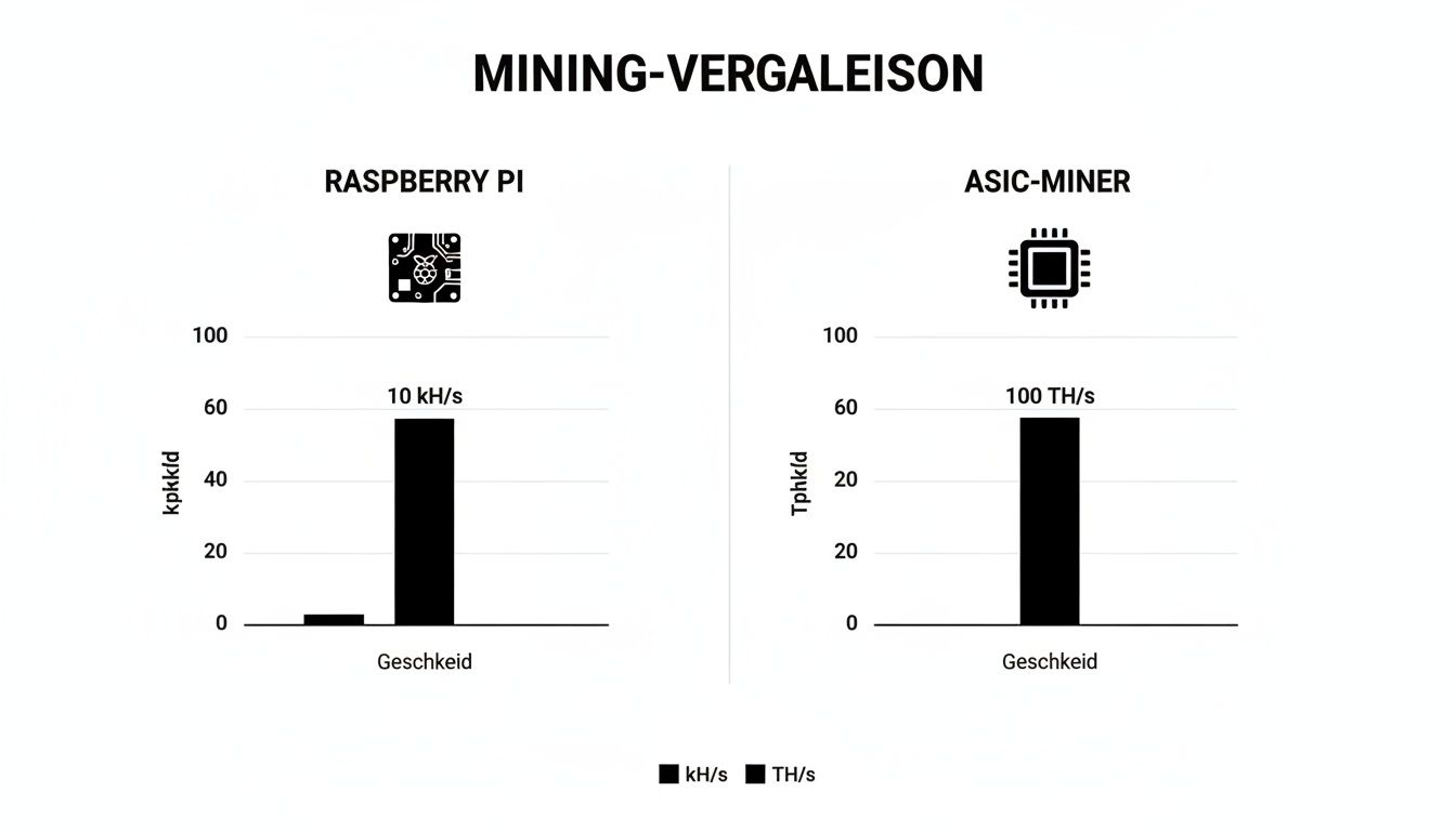 Balkendiagramm zum Mining-Geschwindigkeitsvergleich: Raspberry Pi mit 10 kH/s und ASIC-Miner mit 100 TH/s.