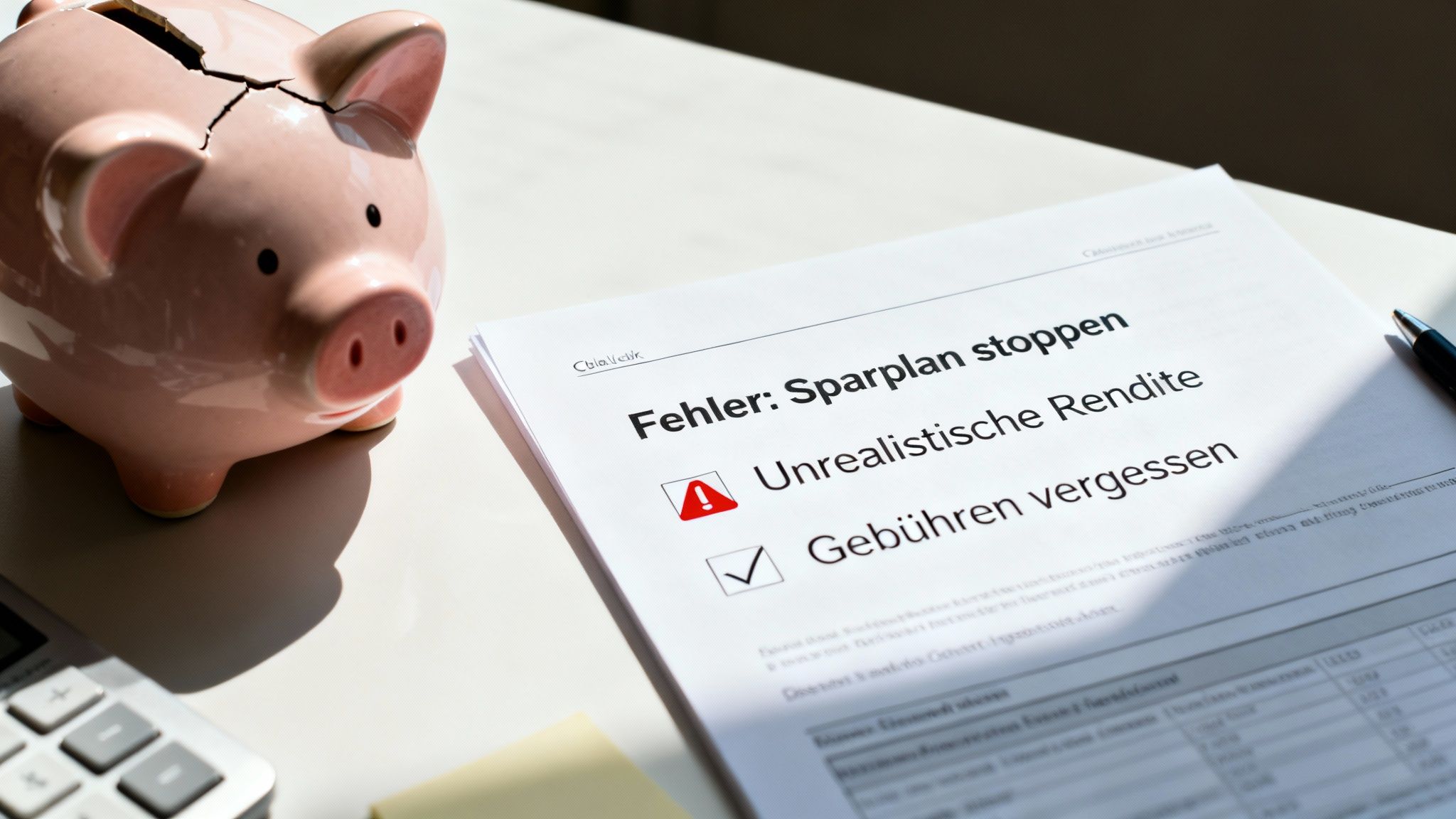 Gebrochenes Sparschwein neben Dokument mit Fehlern im Sparplan, wie unrealistischer Rendite und vergessenen Gebühren.