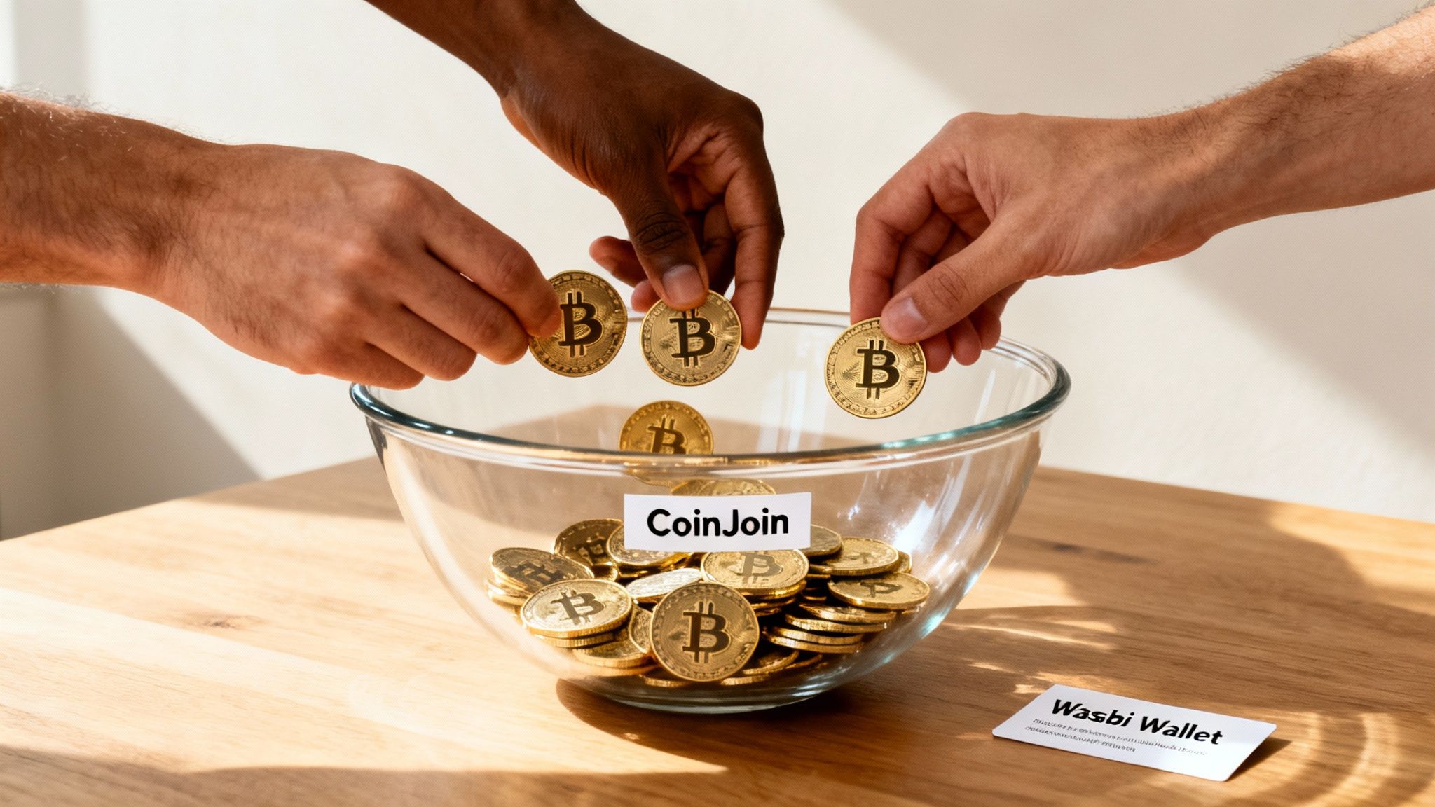 Drei Hände legen goldene Bitcoin-Münzen in eine Glasschale mit "CoinJoin"-Label. "Wasabi Wallet" Karte liegt daneben.