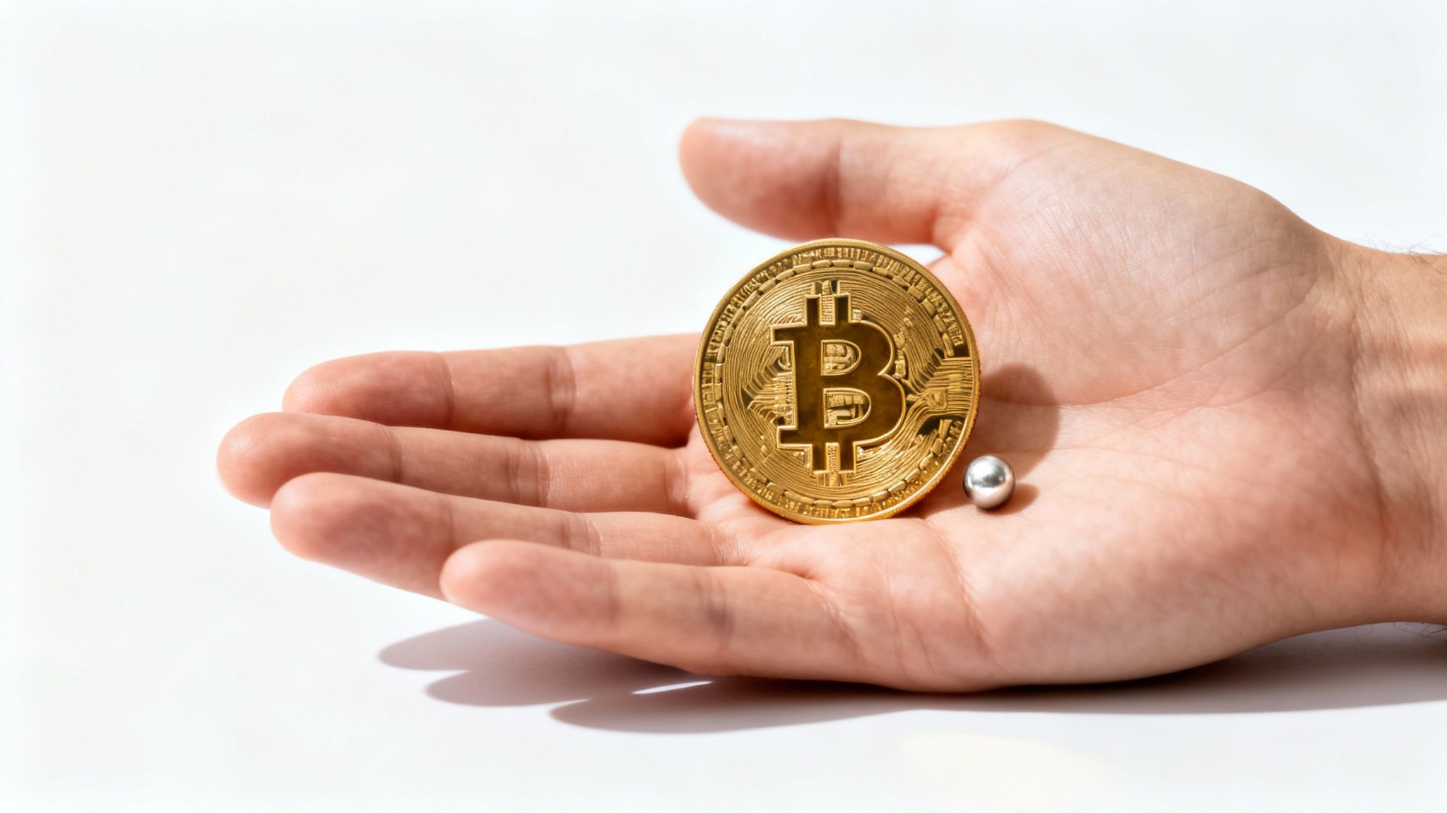 Eine Hand hält eine goldene Bitcoin-Münze und eine kleine Silberkugel auf weißem Hintergrund. Symbol für Kryptowährung und Wert.