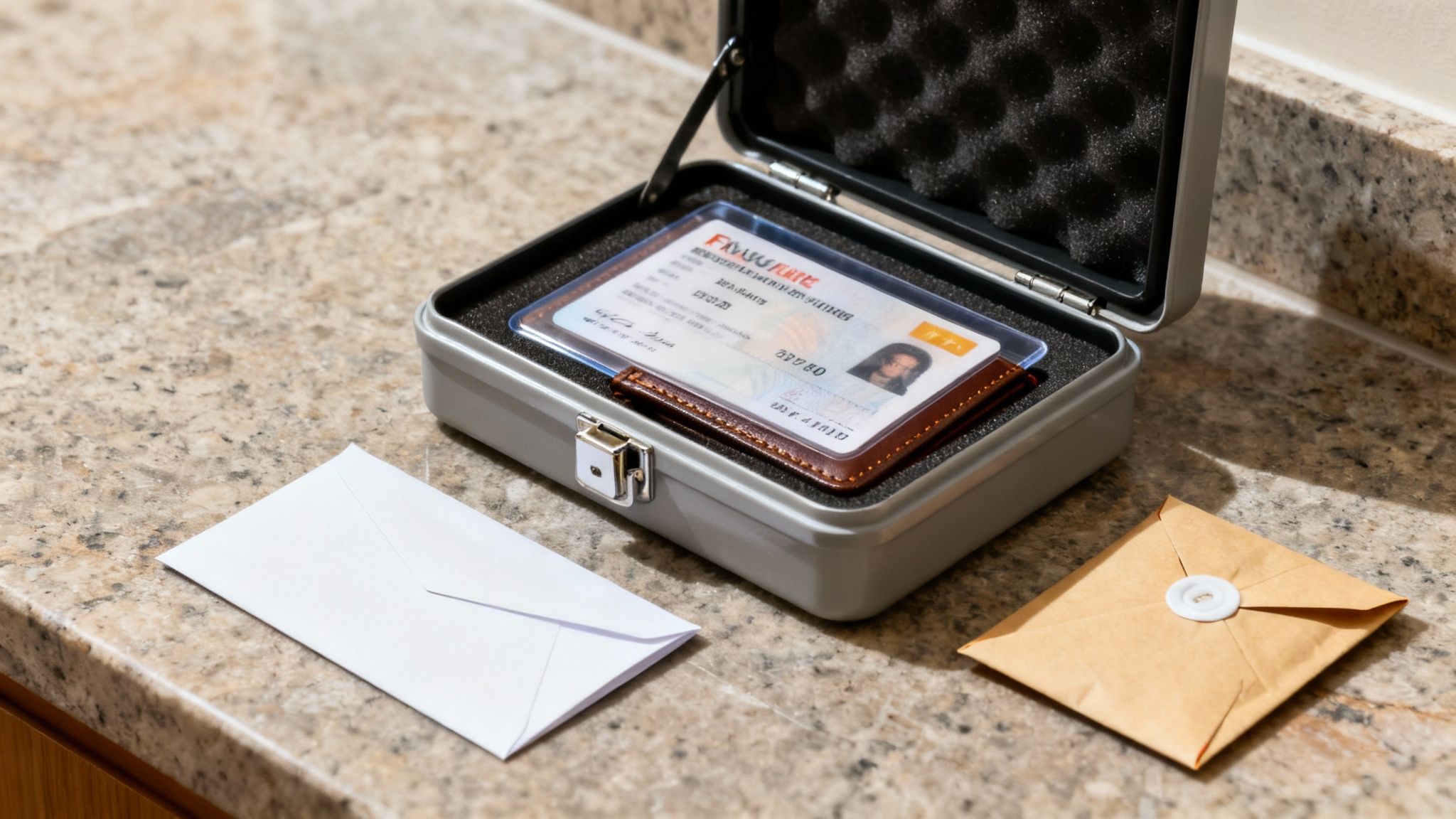 Metallbox mit Ausweis in Ledermappe, umgeben von zwei Umschlägen auf einer Arbeitsplatte.