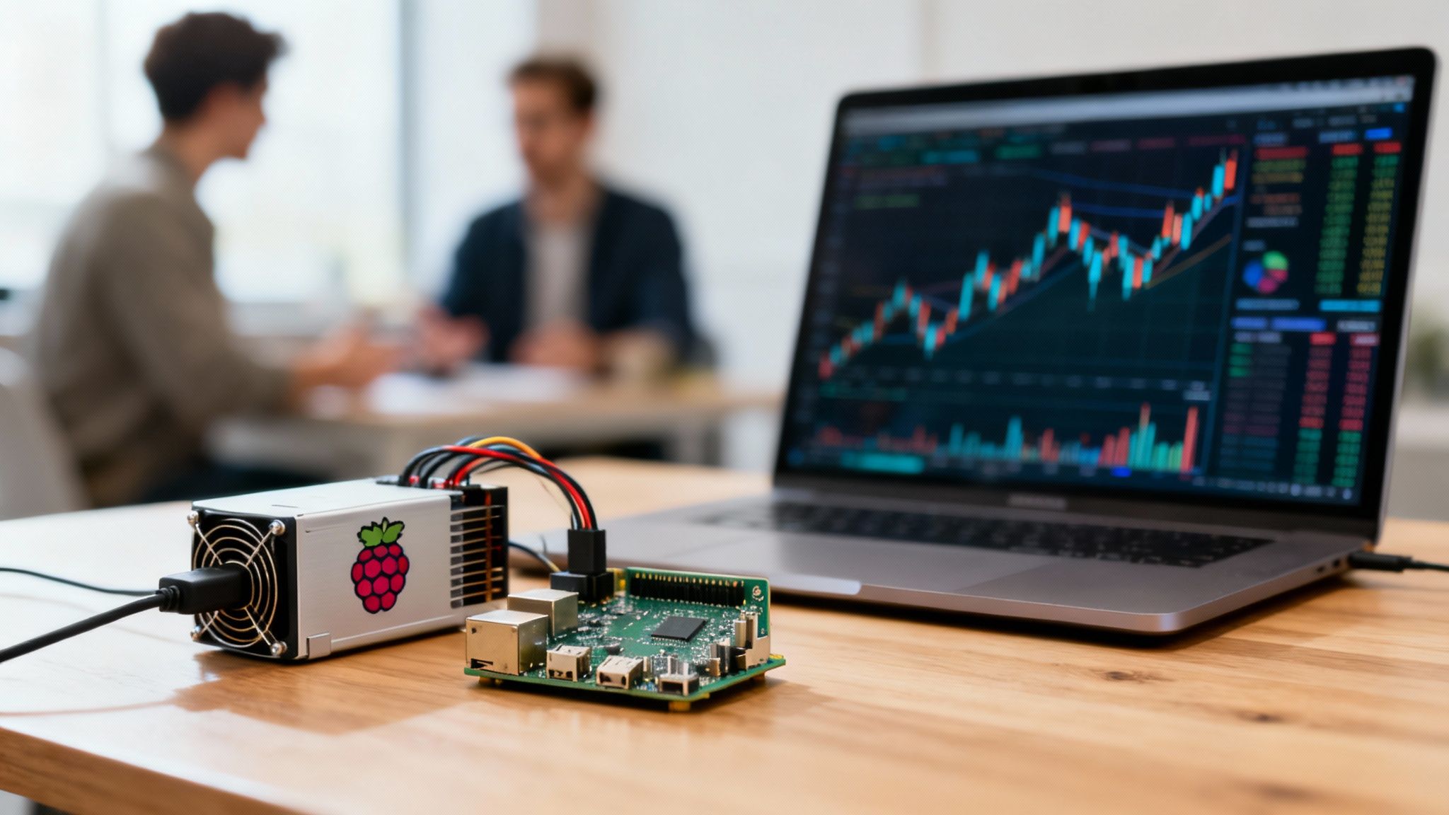 Ein Raspberry Pi Setup mit einem Laptop, der Finanzdiagramme anzeigt, auf einem Holztisch mit unscharfen Personen im Hintergrund.