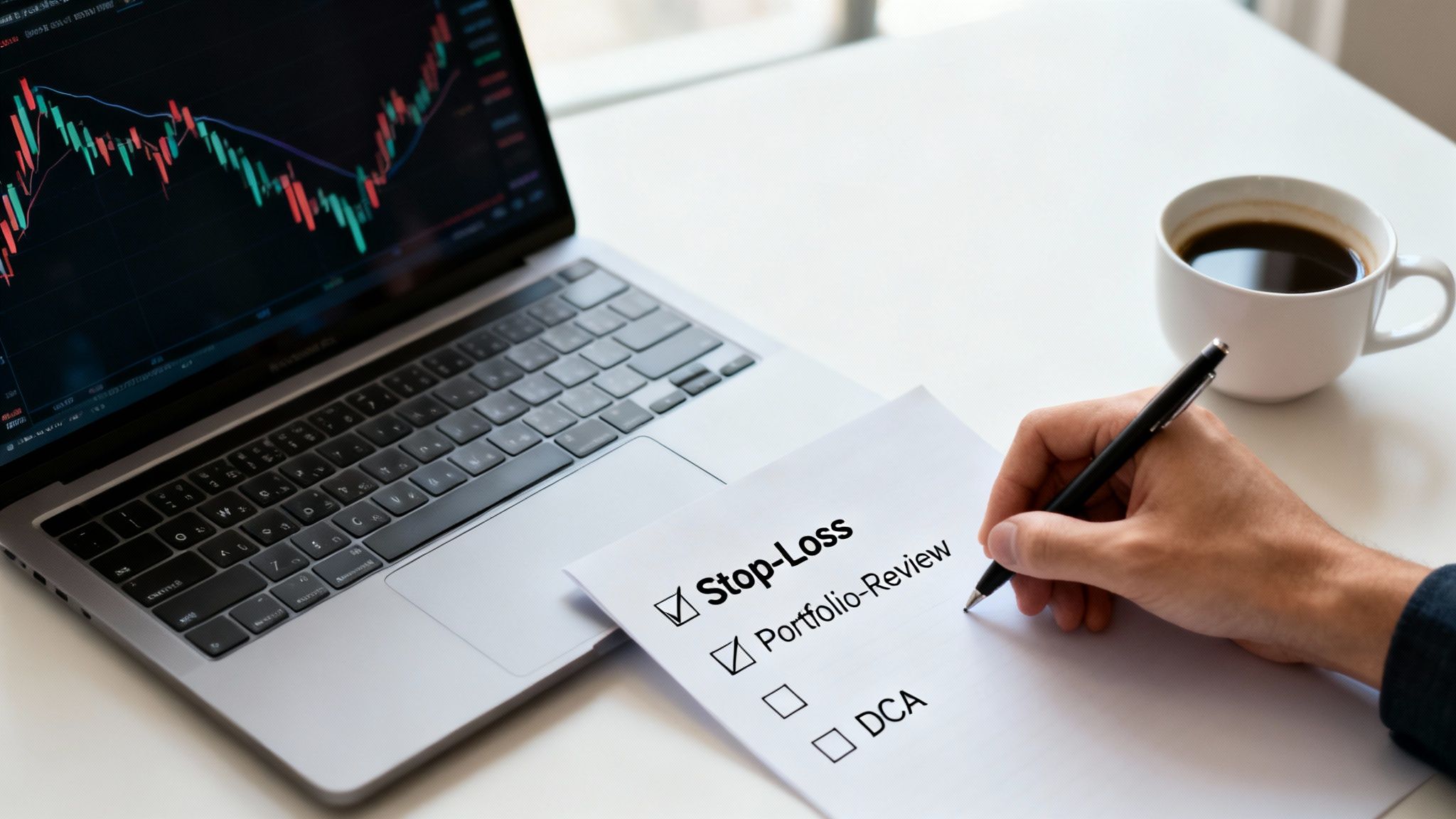 Person checkt Finanzstrategien auf einer Liste neben einem Laptop mit Kryptowährungscharts und Kaffee.