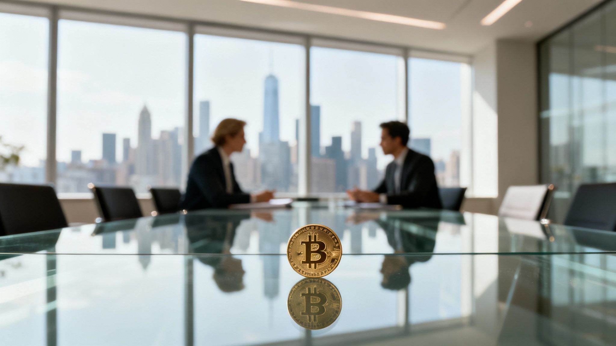 Goldene Bitcoin-Münze auf glänzendem Tisch, Geschäftsleute im verschwommenen Hintergrund diskutieren über Finanzen und Investitionen in Krypto.