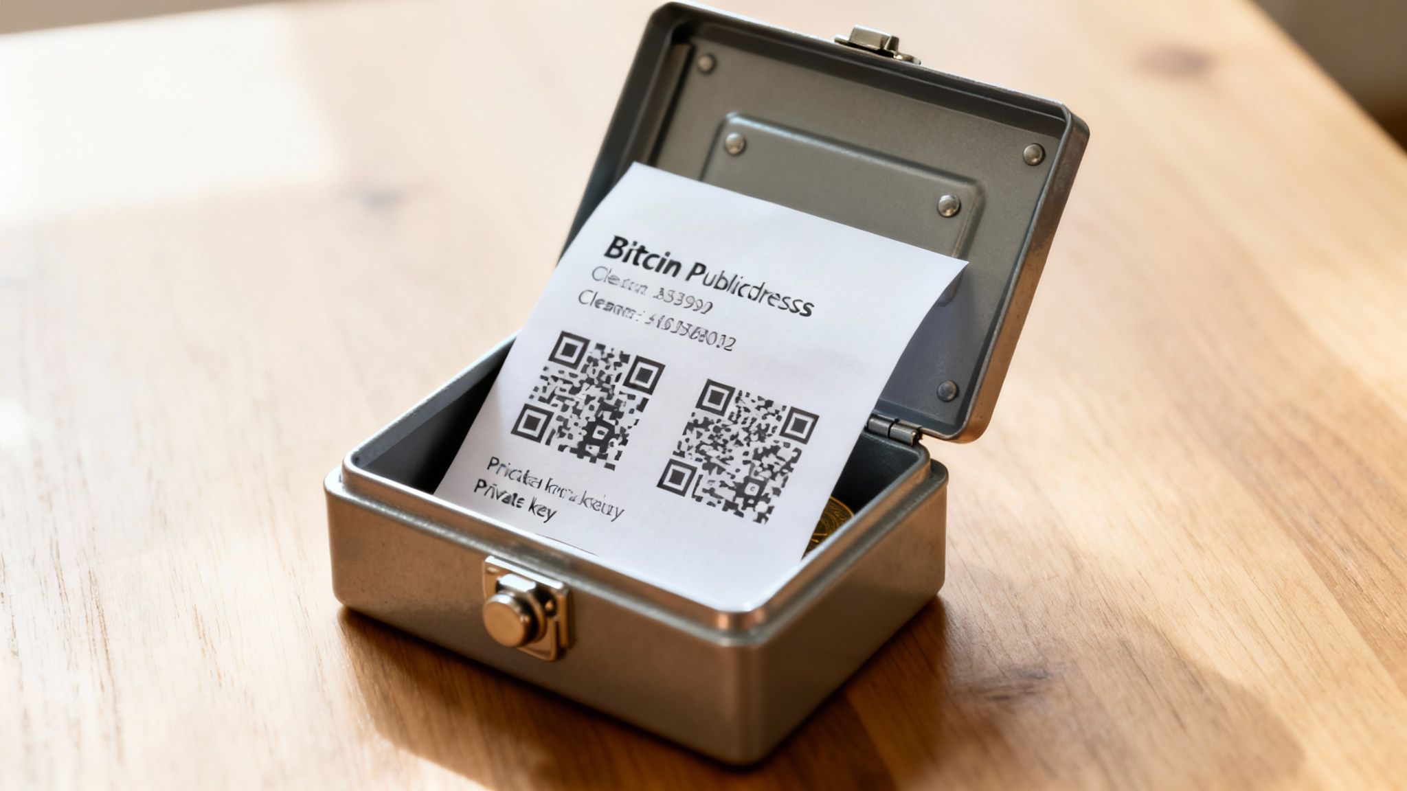 Offene Sicherheitsbox mit Bitcoin-Papier-Wallet, privaten und öffentlichen Schlüsseln auf Holzhintergrund.