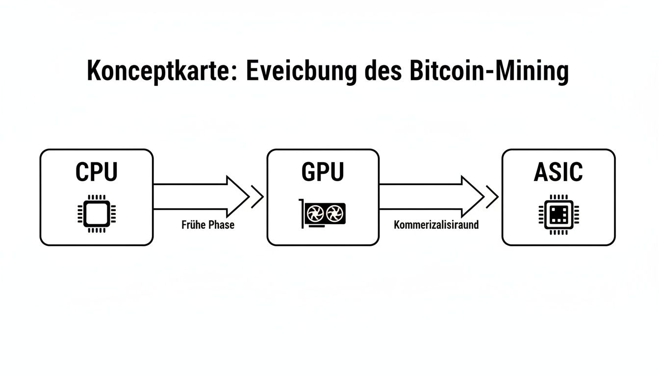 Konzeptkarte zeigt die Entwicklung des Bitcoin-Minings von CPUs über GPUs zu ASICs in verschiedenen Phasen.